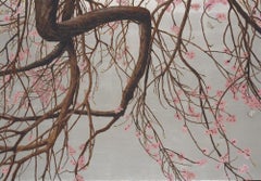 Pink blossoming peach on a silver-leaf background by italian botanical artist