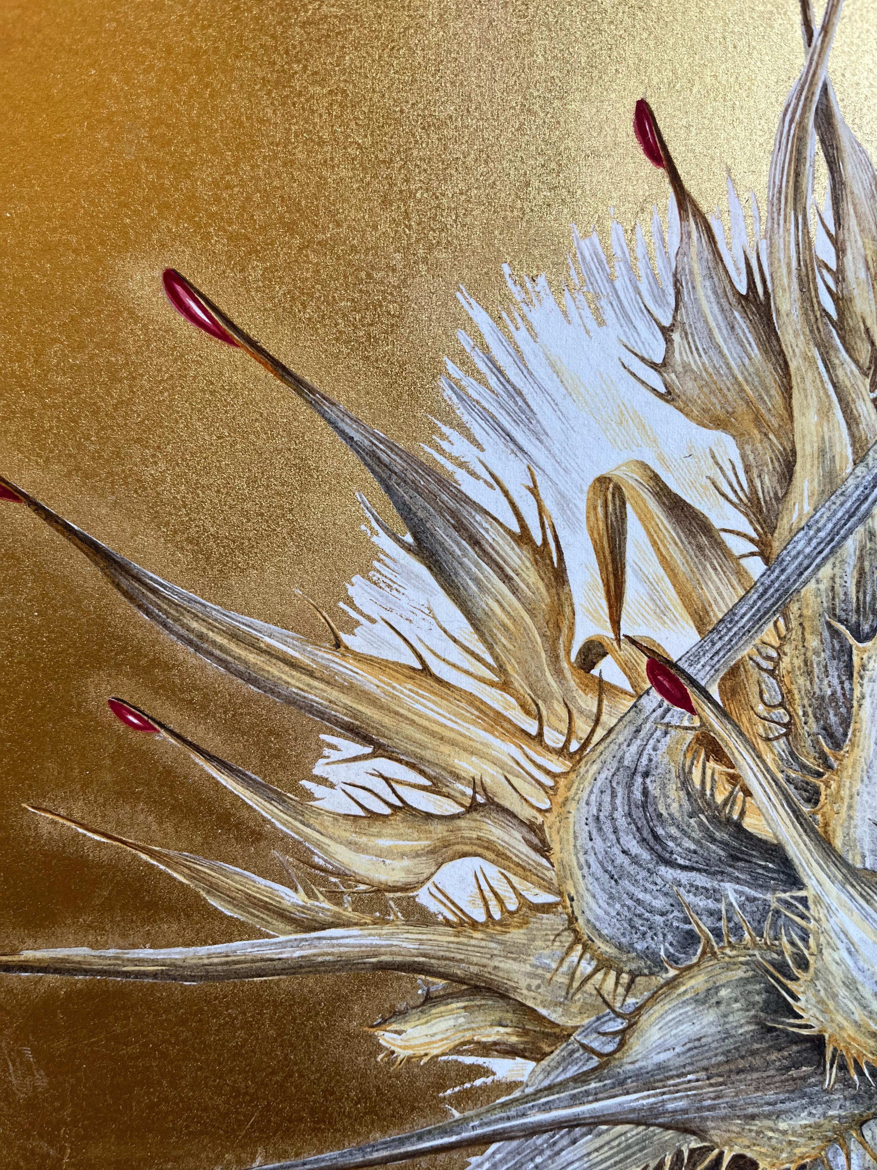 Thistle, on pure gold foreground. Iconic flower of  Loro Piana company - Painting by Margherita Leoni