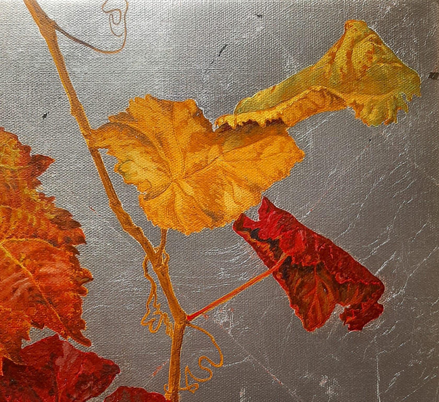 Autumn vine shoot on a silver background botanical painting  For Sale 5