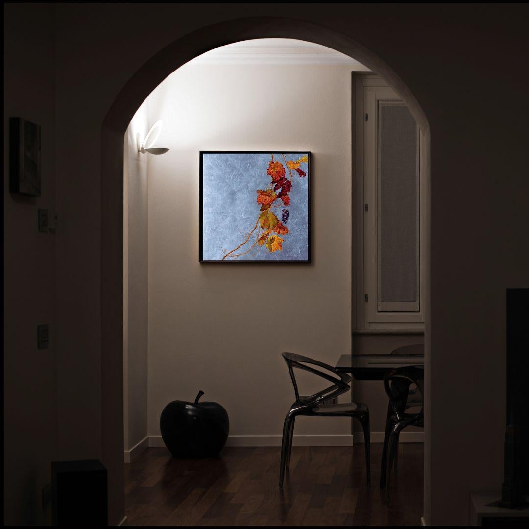 Rama de vid con racimo morado y hojas rojas - pintura al óleo sobre fondo plateado - Painting de Margherita Leoni