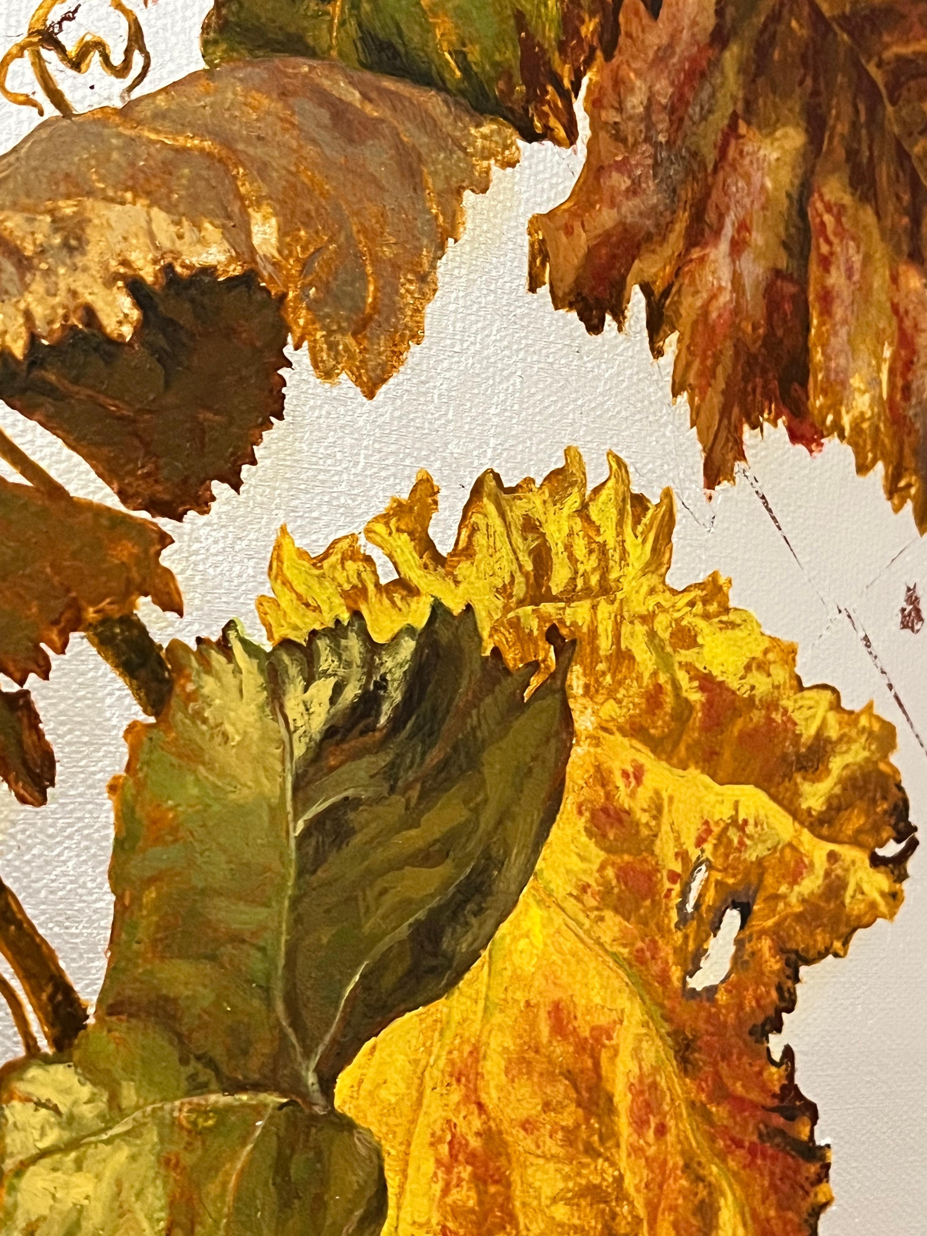 Autumn vine shoot on a silver background - Realist Painting by Margherita Leoni