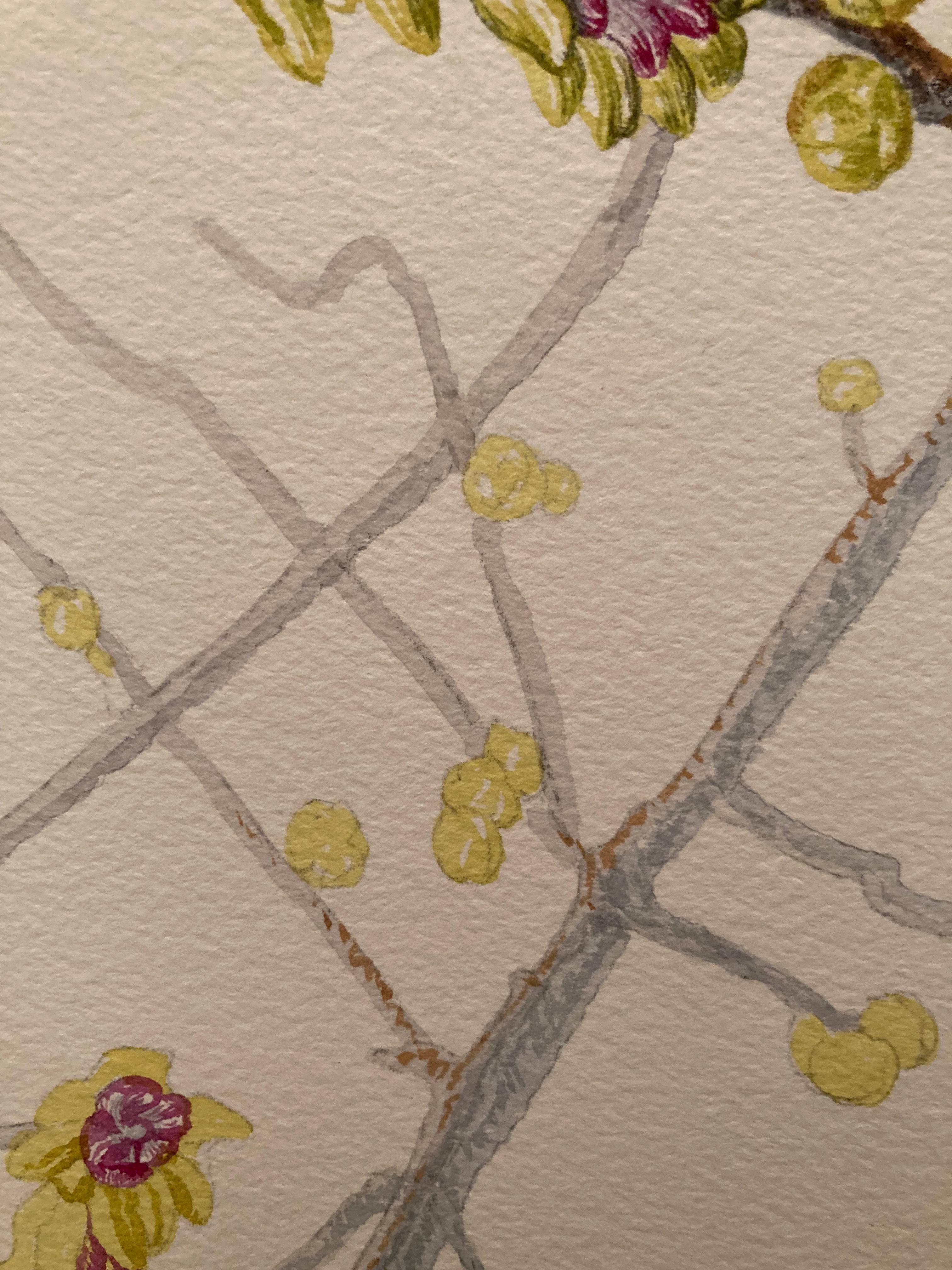 Yellow and bourdeaux flower painting, by master italian watercolourist - Beige Figurative Painting by Margherita Leoni