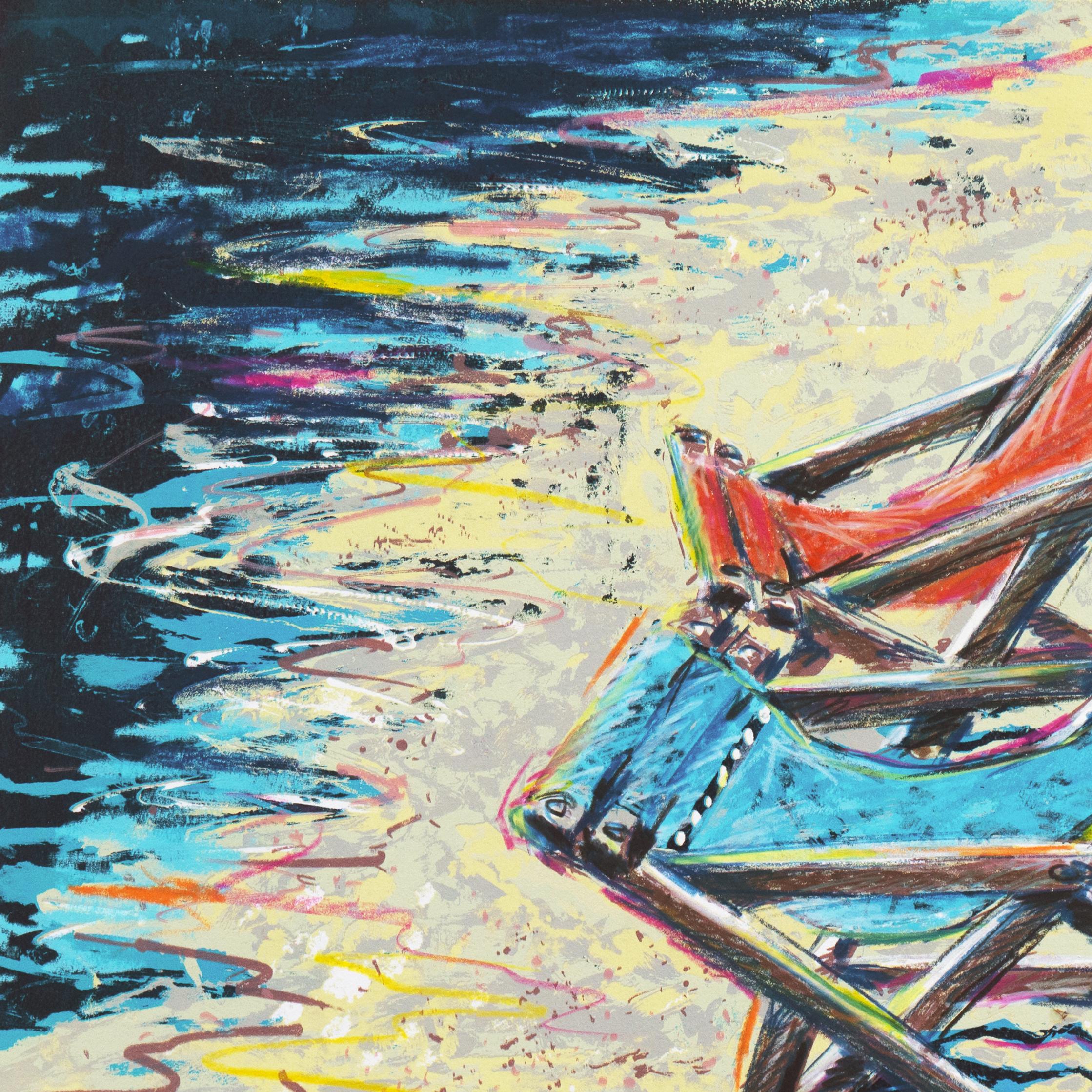 'Deckchairs on the Beach', Hand-Colored Screenprint For Sale 6