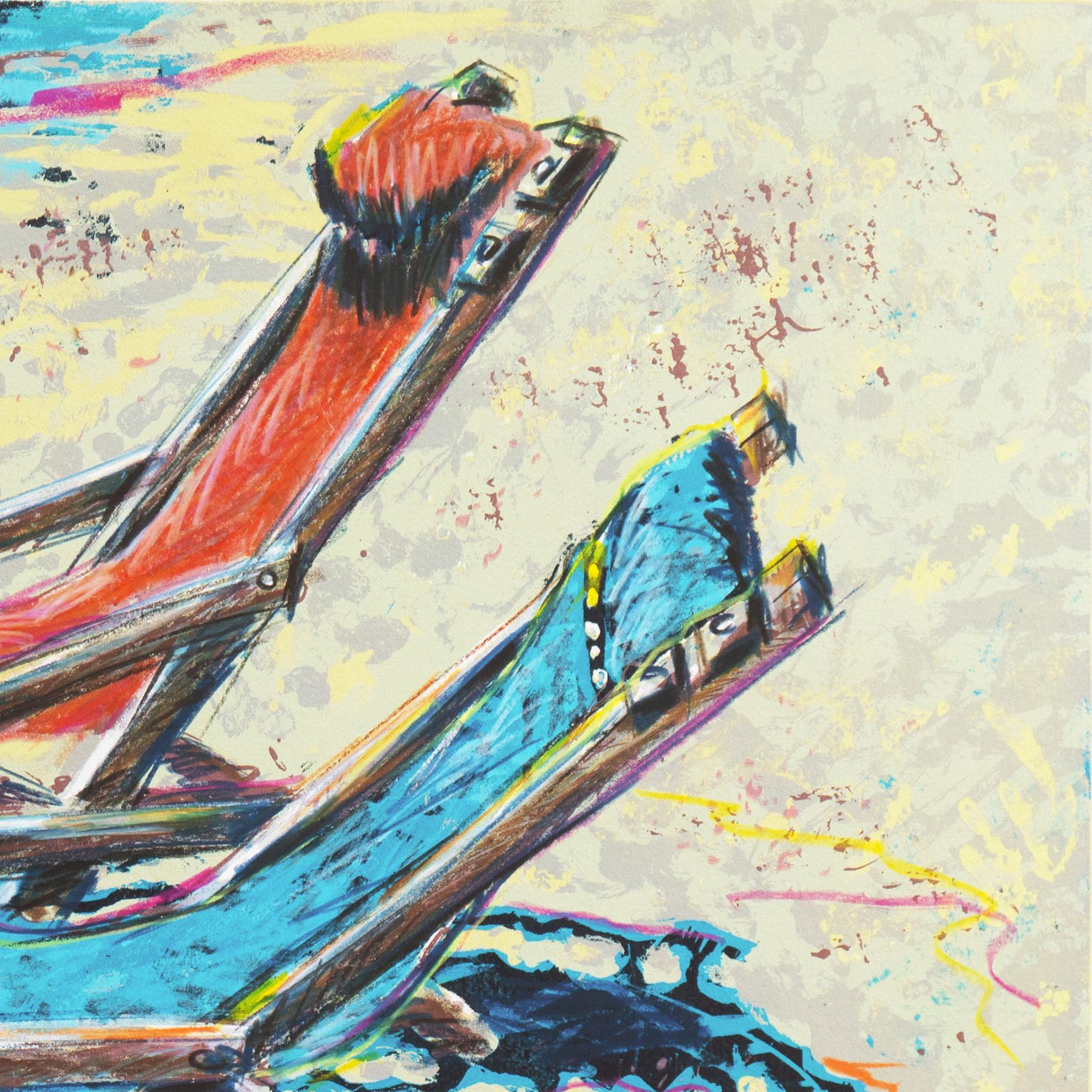 'Deckchairs on the Beach', Hand-Colored Screenprint For Sale 3