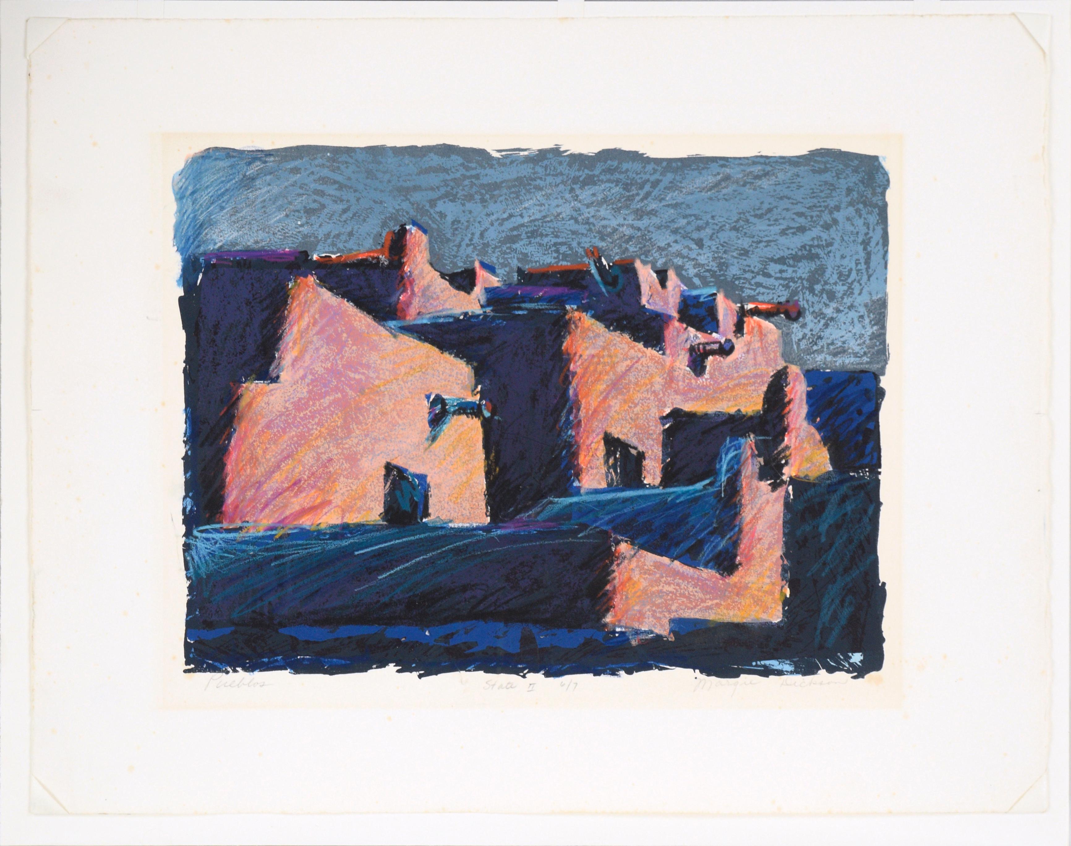 „Pueblos“ – handgeAugmentierte fauvistische Landschaft in Tinte und Pastell auf Papier im Angebot 6