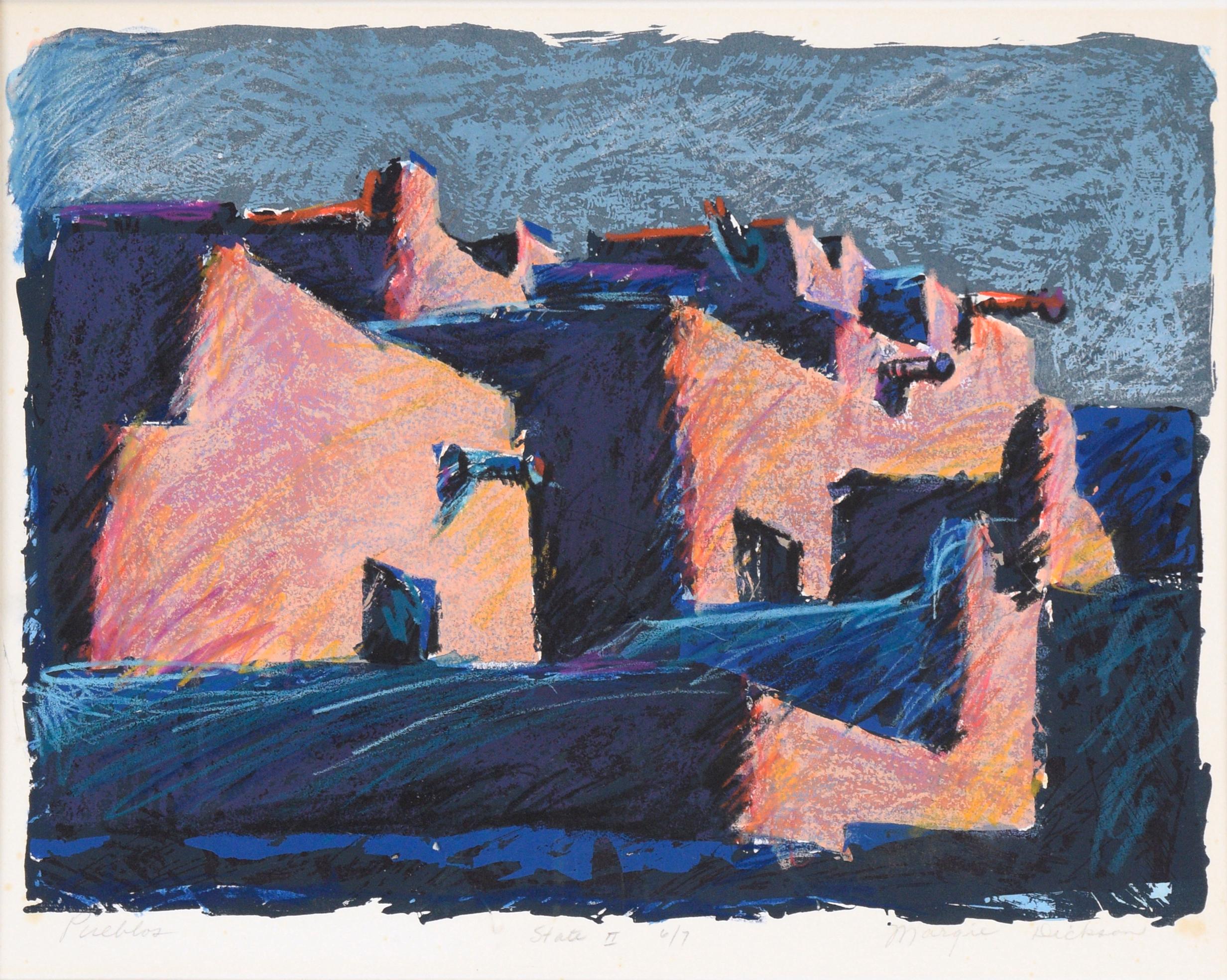 „Pueblos“ – handgeAugmentierte fauvistische Landschaft in Tinte und Pastell auf Papier – Print von Margie Dickson