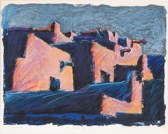 "Pueblos" - Paisaje fauvista aumentado a mano con tinta y pastel sobre papel