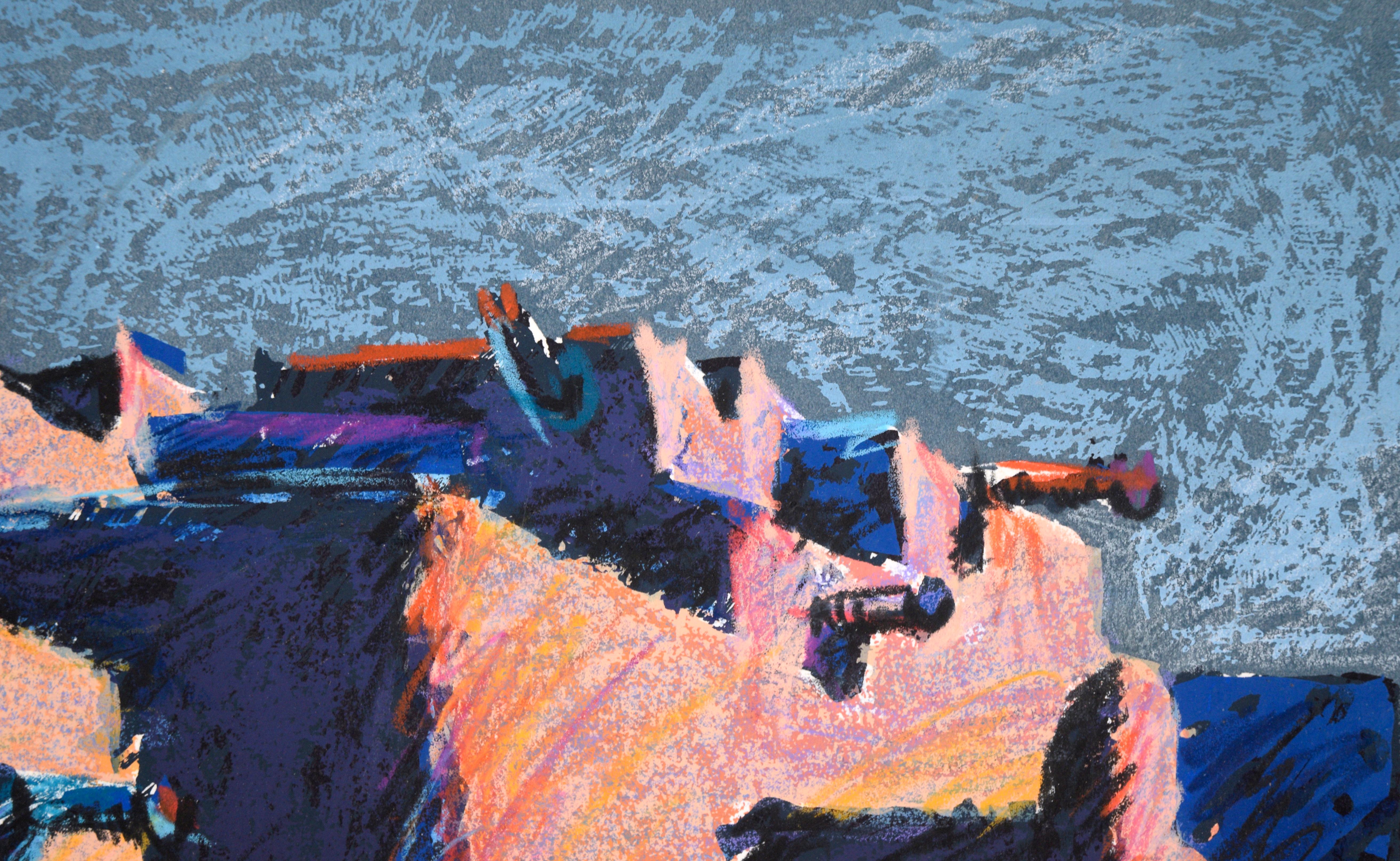 „Pueblos“ – handgeAugmentierte fauvistische Landschaft in Tinte und Pastell auf Papier (Grau), Landscape Print, von Margie Dickson