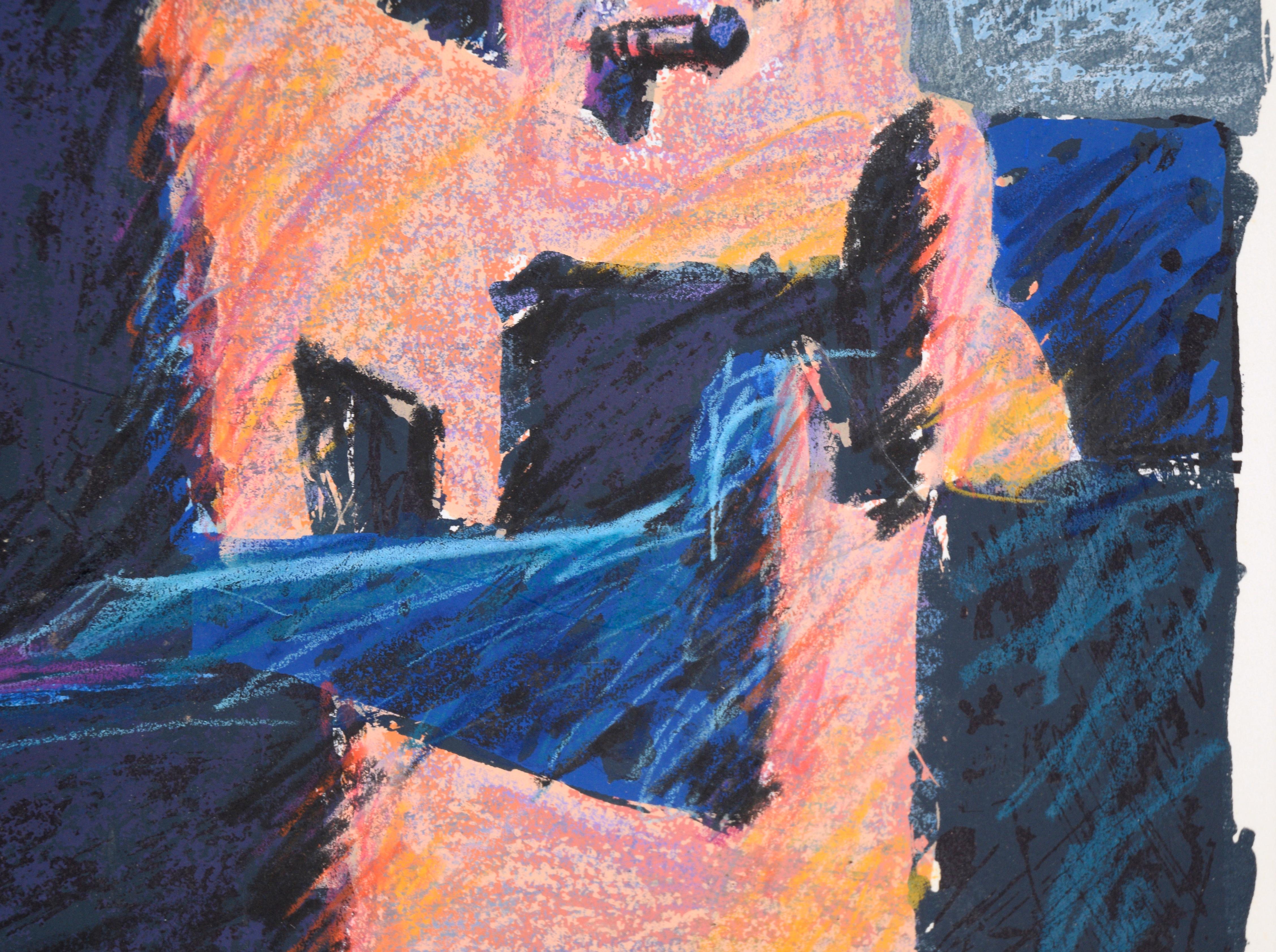 „Pueblos“ – handgeAugmentierte fauvistische Landschaft in Tinte und Pastell auf Papier im Angebot 1