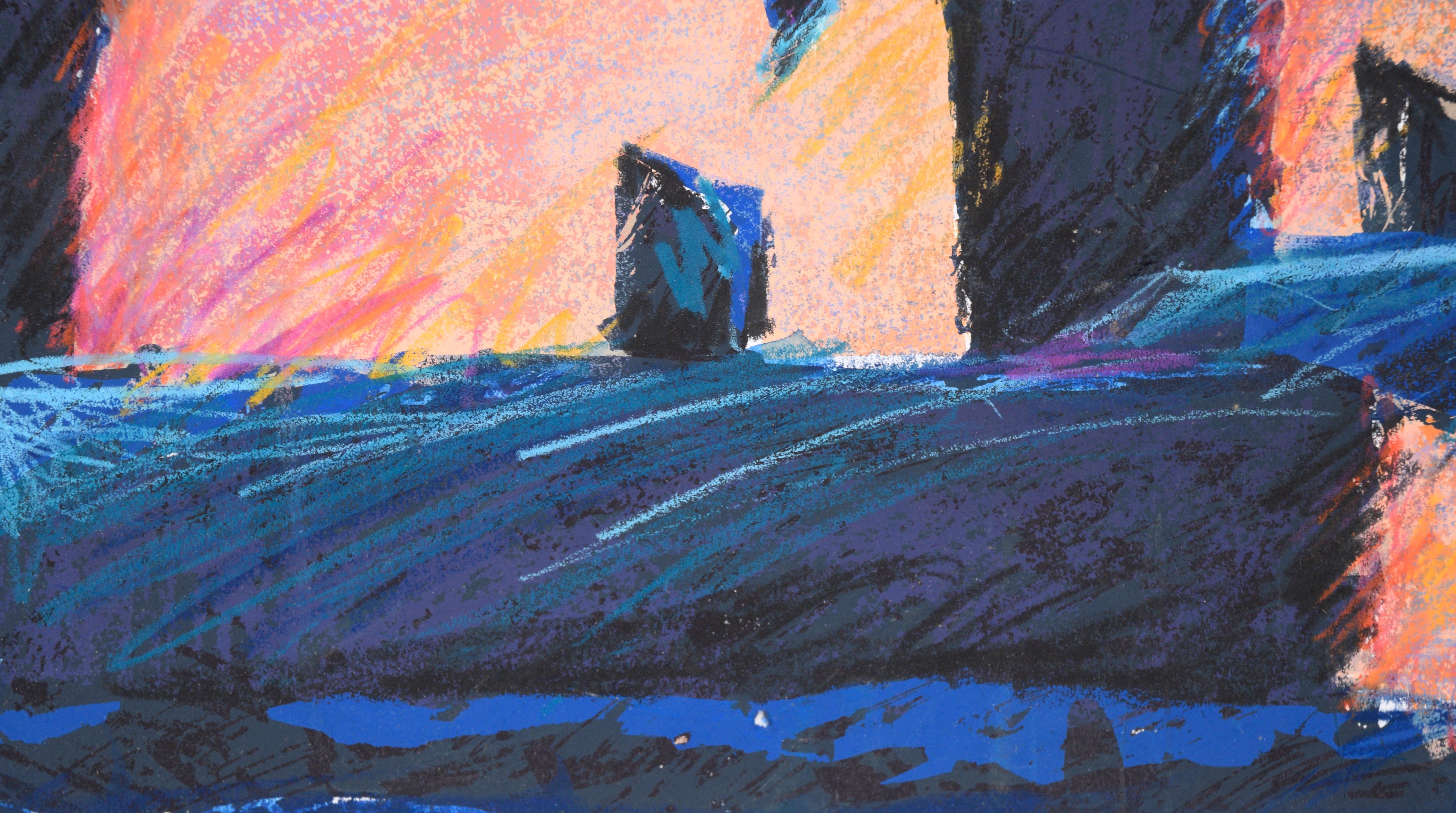 „Pueblos“ – handgeAugmentierte fauvistische Landschaft in Tinte und Pastell auf Papier im Angebot 2