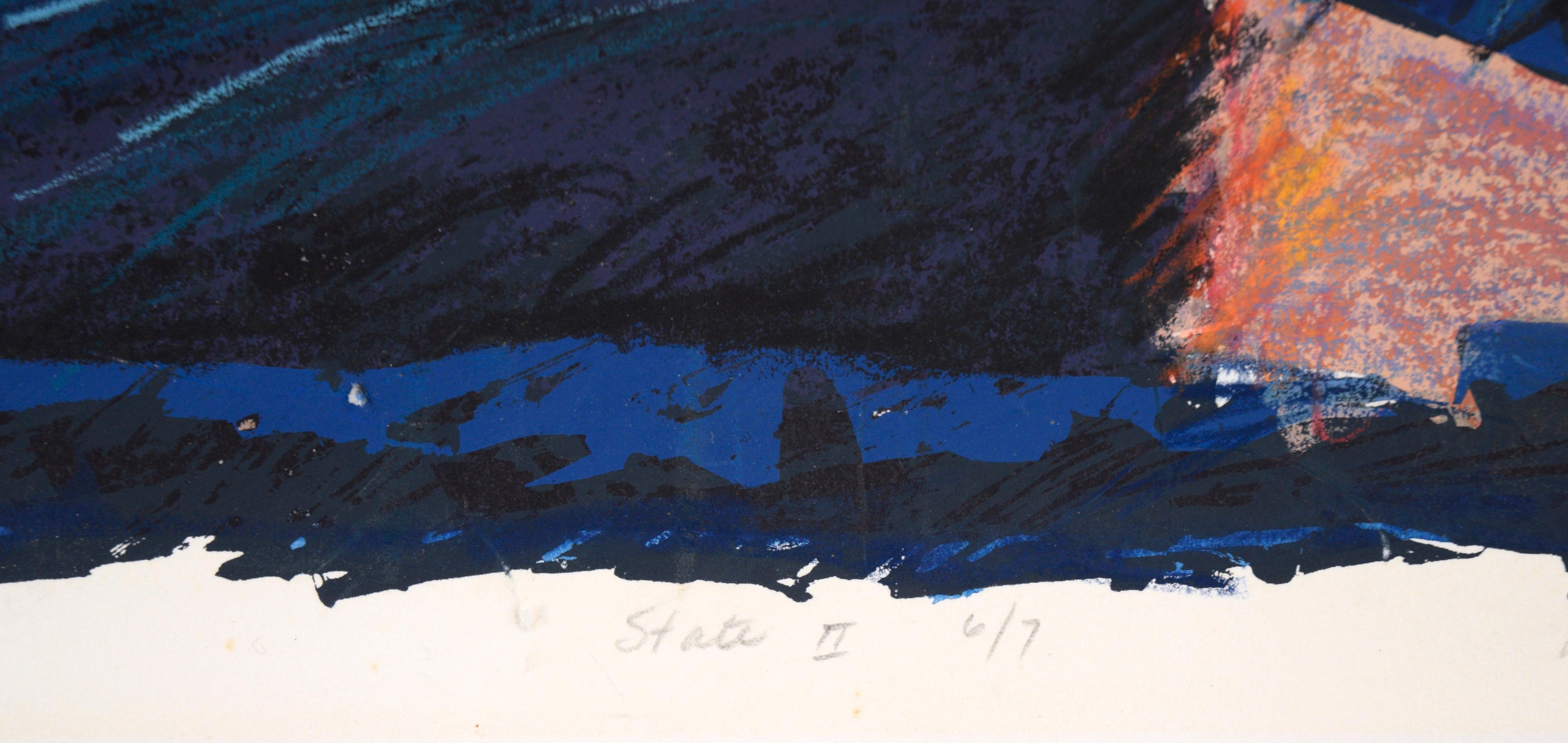„Pueblos“ – handgeAugmentierte fauvistische Landschaft in Tinte und Pastell auf Papier im Angebot 4