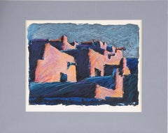 "Pueblos" - Hand-Augmented Fauvist Landscape in Ink and Pastel on Paper