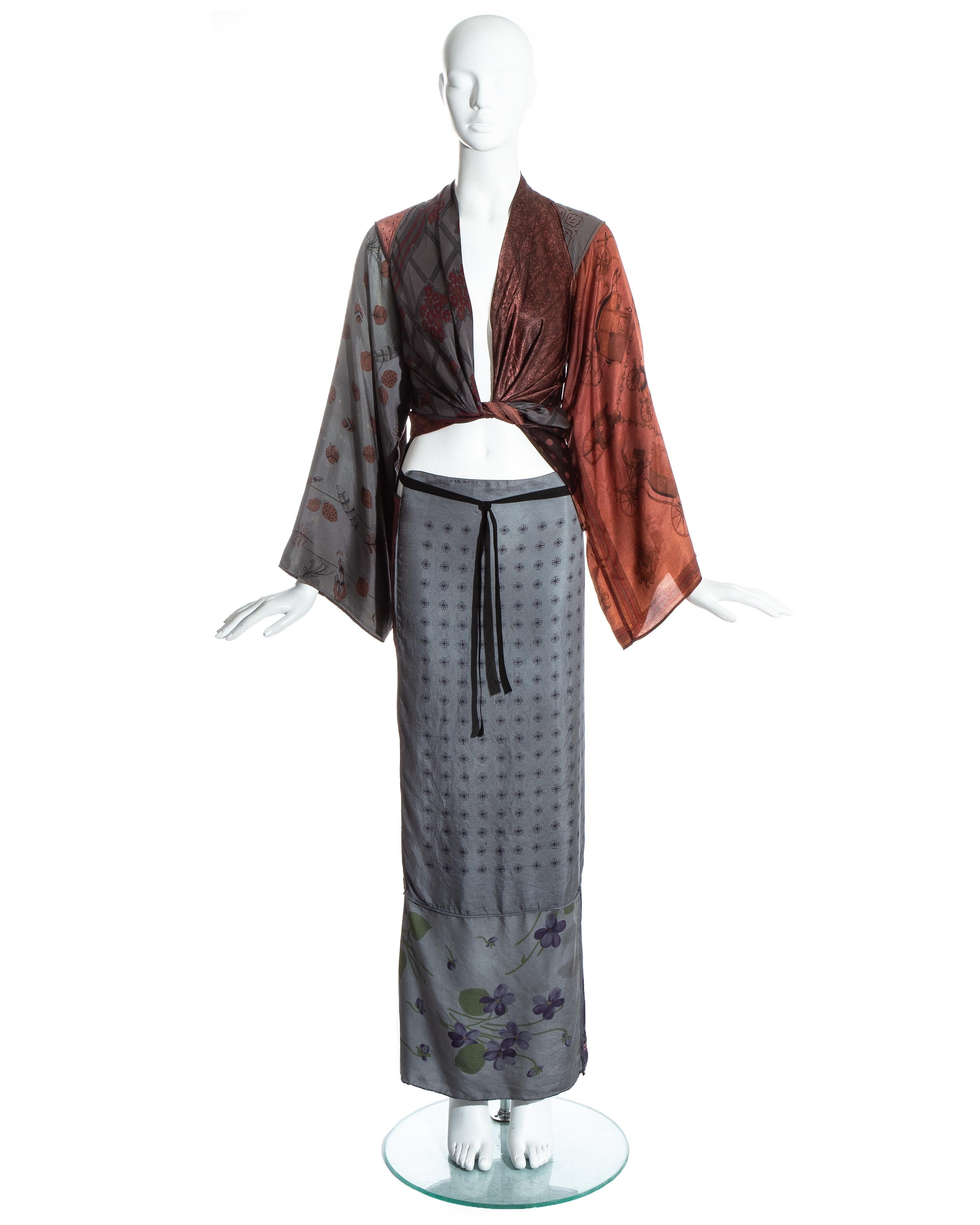 Martin Margiela; Artisanal ensemble made from a patchwork of vintage silk scarves. Maxi wrap skirt with black cotton ribbon fastening. Halter wrap blouse with wide cut sleeves.   

Spring-Summer 1992  (From the “Retrospective collection”,