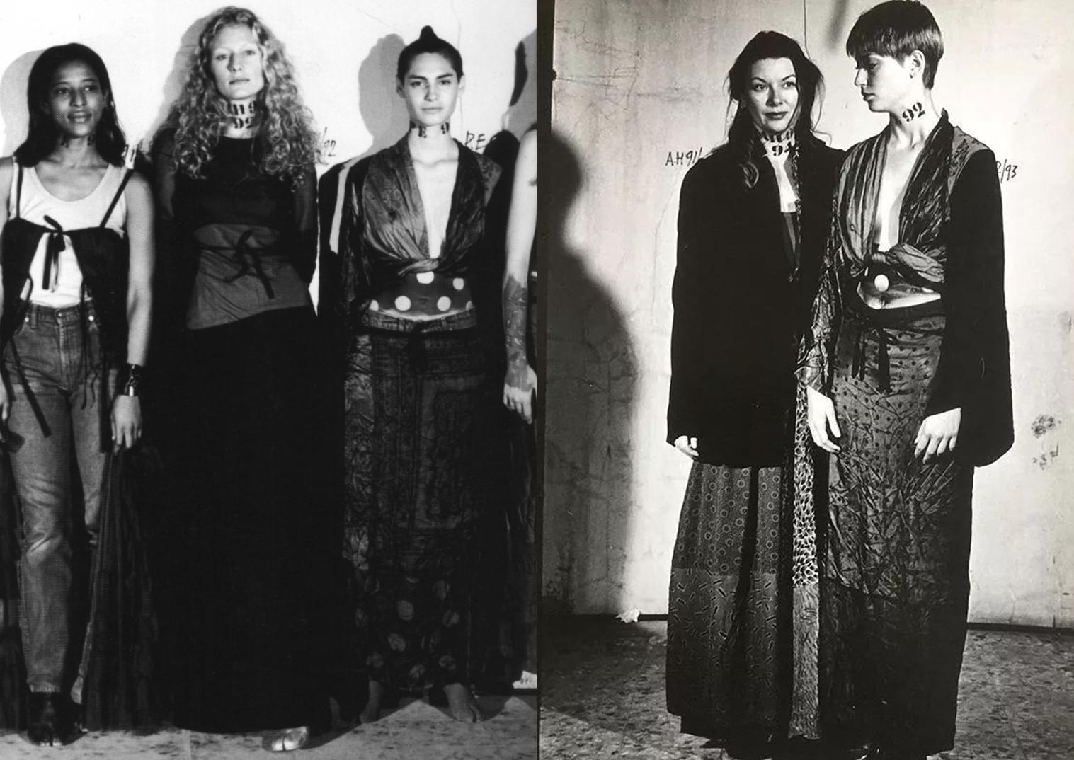 Gray Margiela artisanal silk scarf patchwork skirt and blouse ensemble, ss 1992