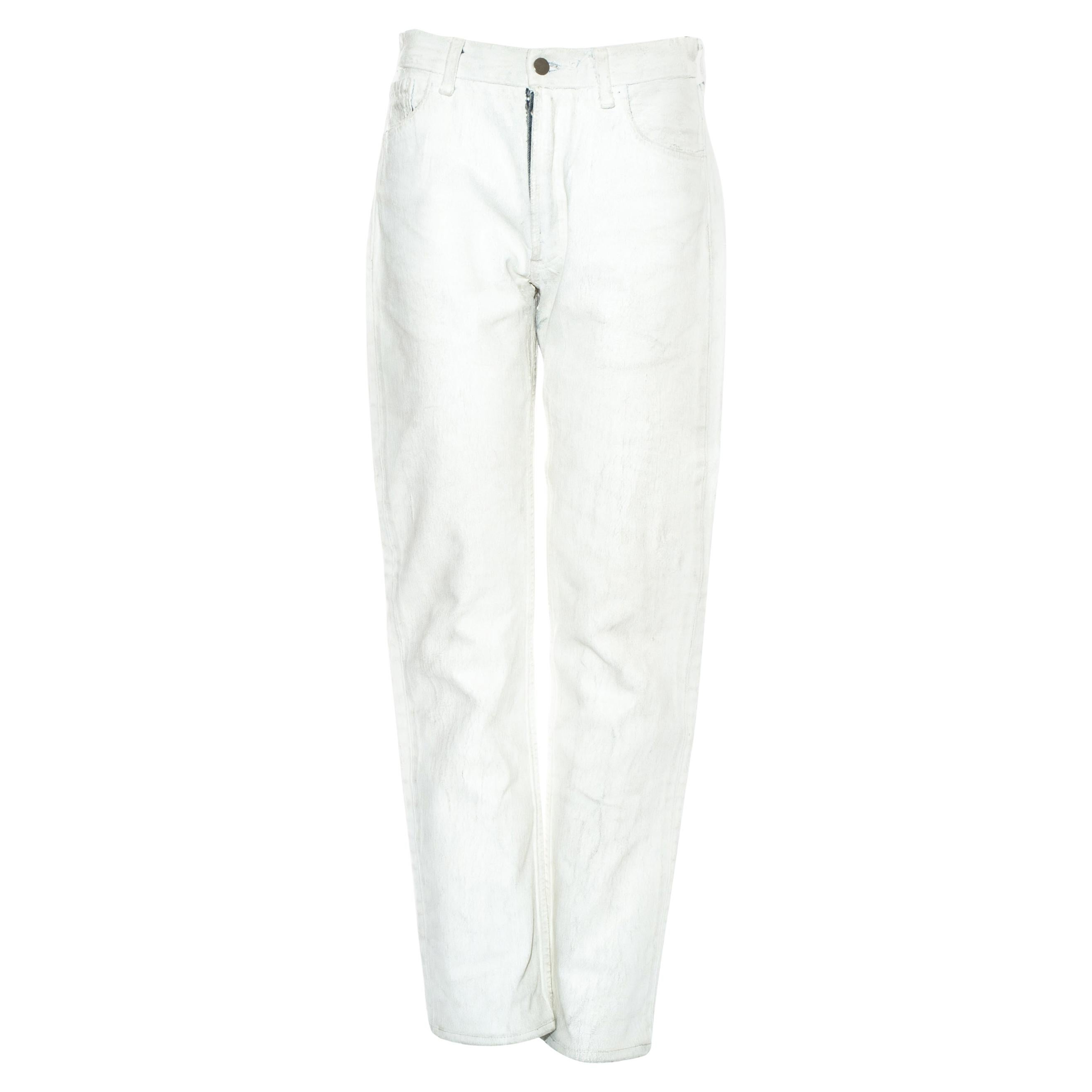 Margiela Artisanal white painted denim jean pants, fw 1999 For Sale