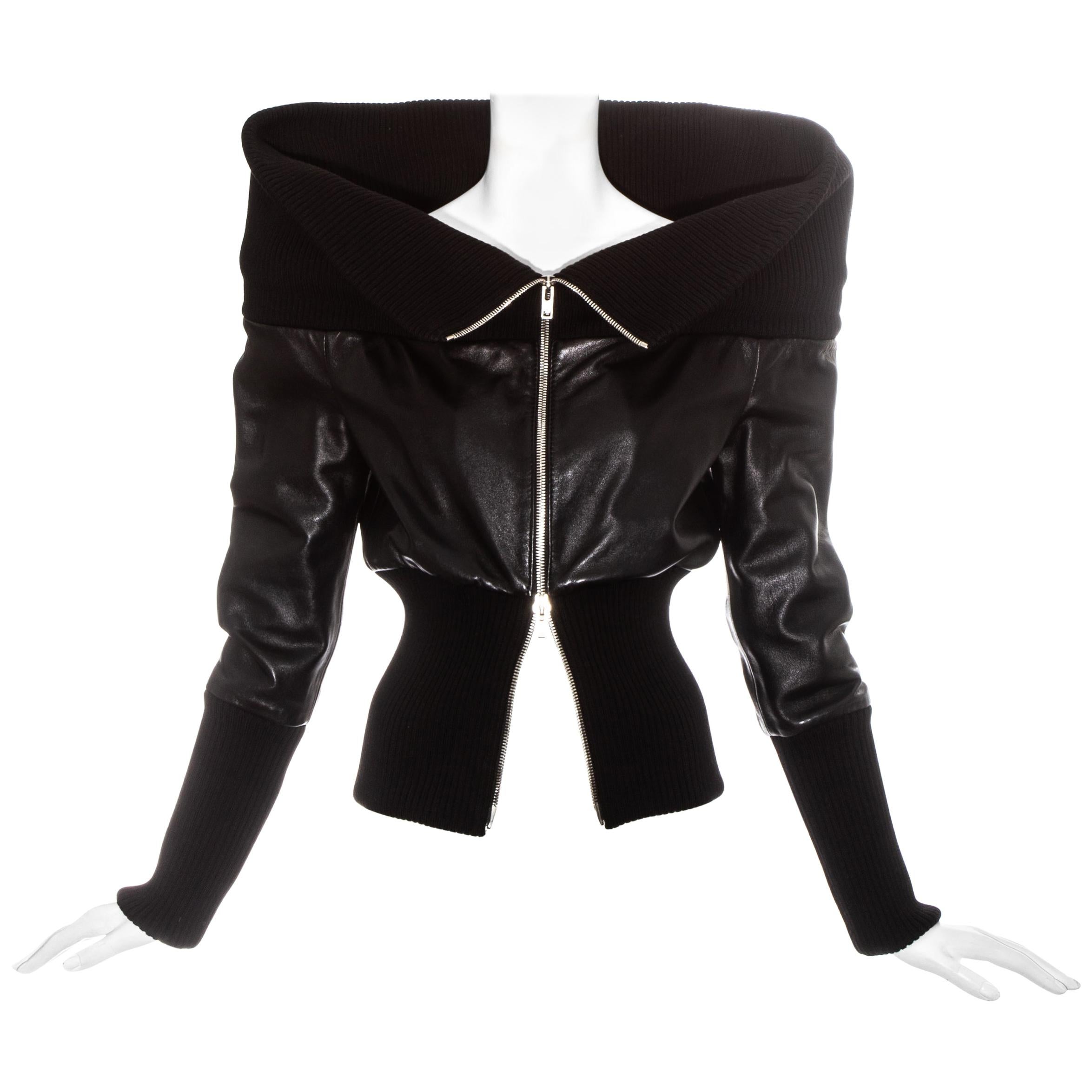 Margiela black leather funnel neck jacket, fw 2008 For Sale