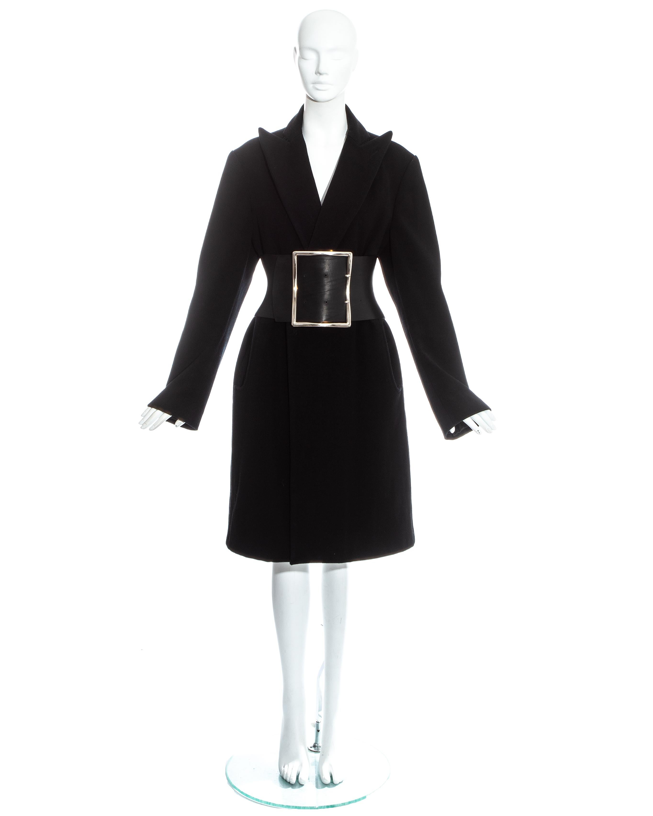 Black Margiela black wool oversized coat with leather Obi belt, fw 1996 For Sale