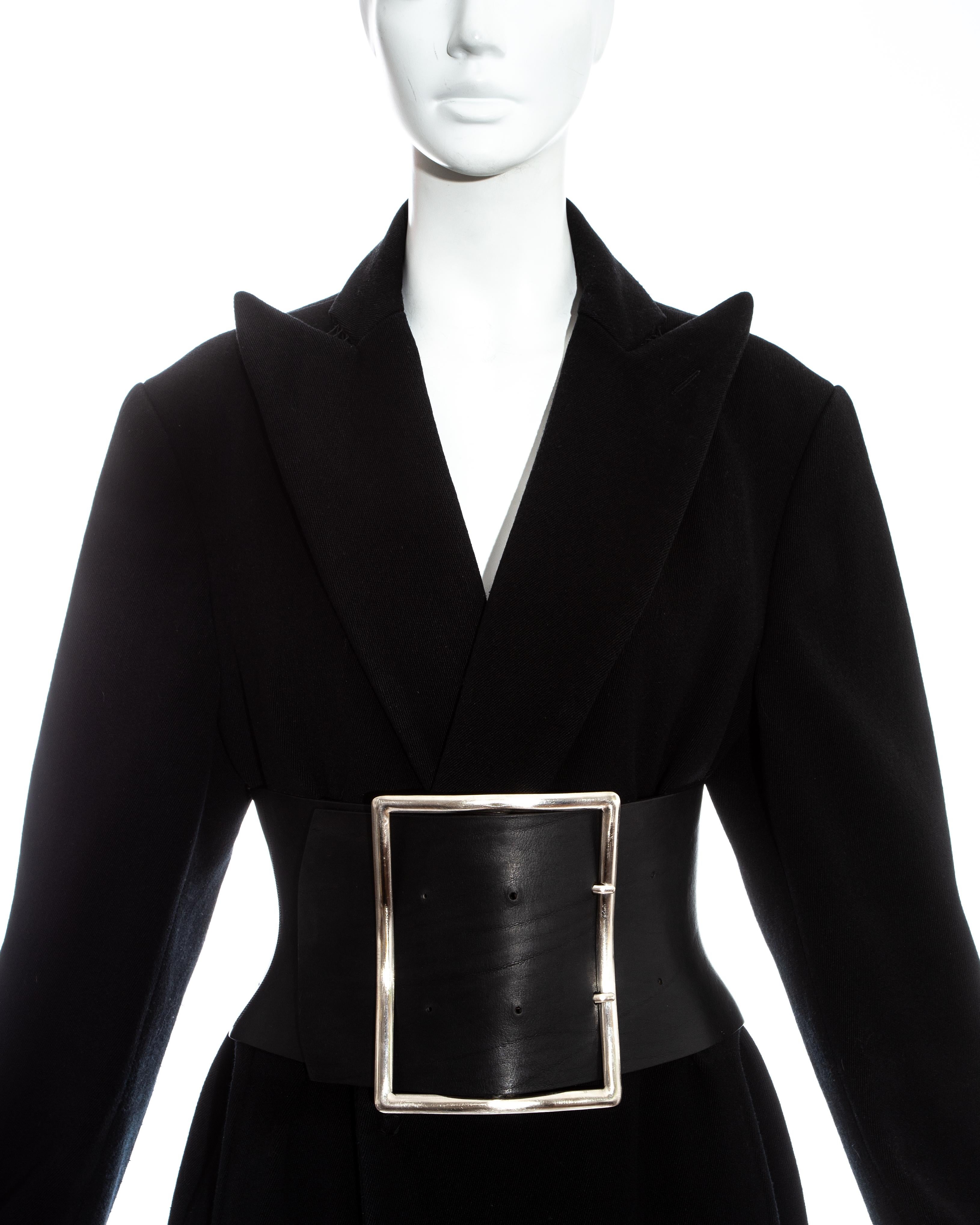 Women's Margiela black wool oversized coat with leather Obi belt, fw 1996 For Sale