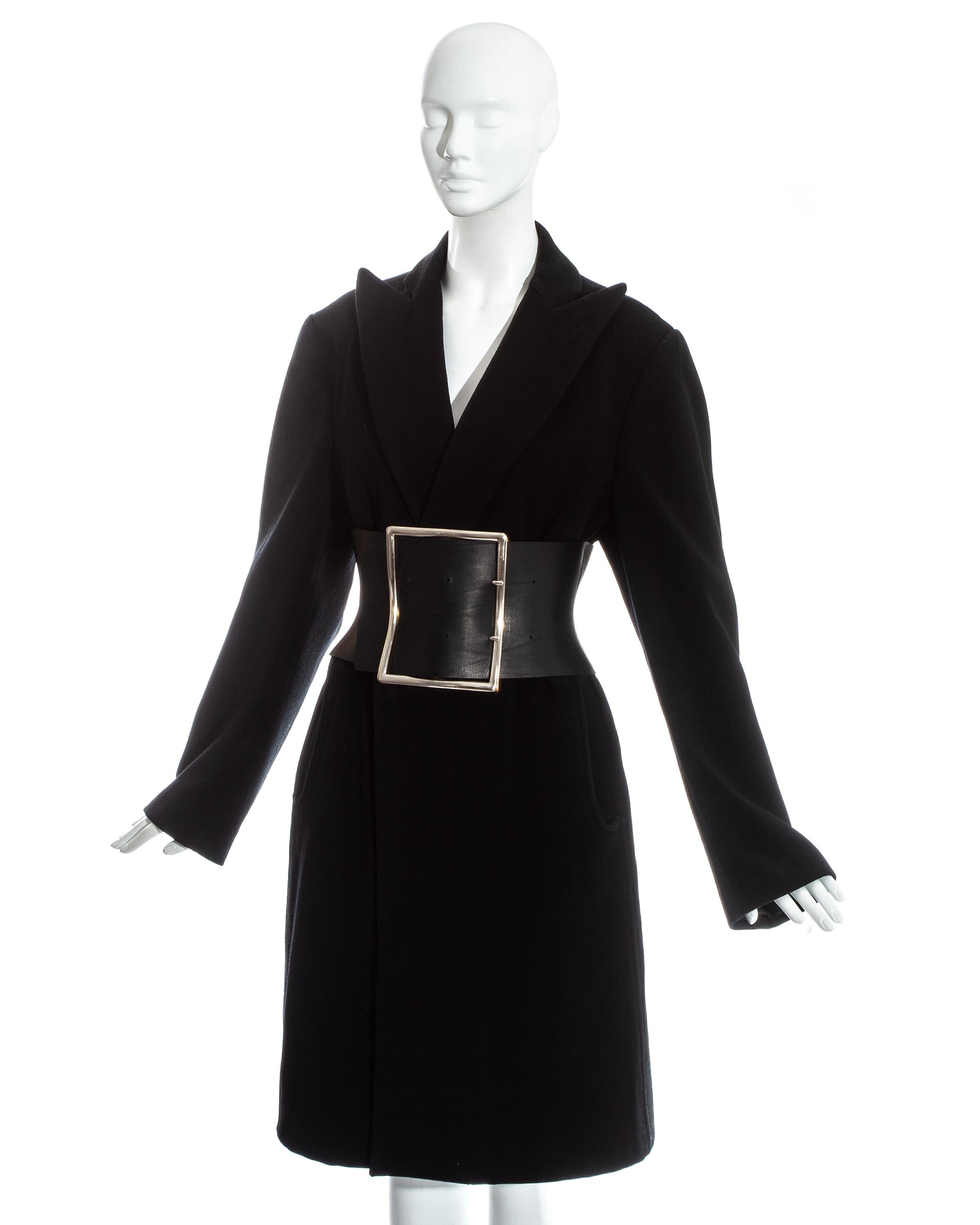 Margiela black wool oversized coat with leather Obi belt, fw 1996 In Good Condition For Sale In London, GB