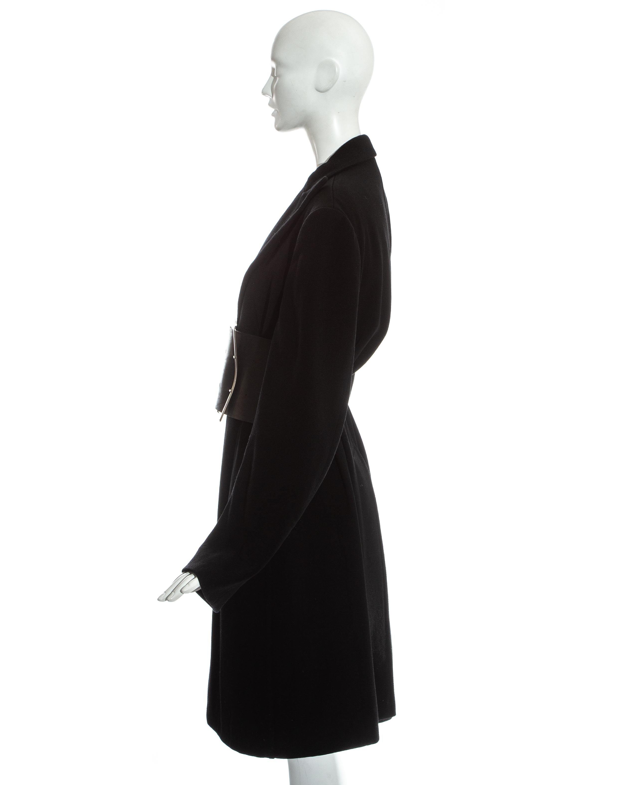 Women's Margiela black wool oversized coat with leather Obi belt, fw 1996 For Sale