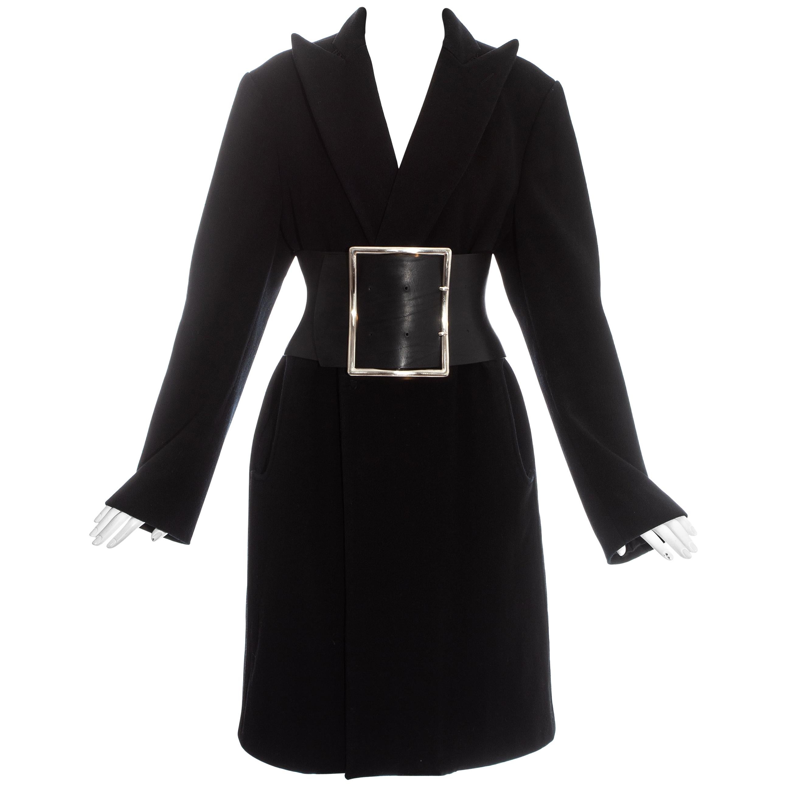 Margiela black wool oversized coat with leather Obi belt, fw 1996 For Sale
