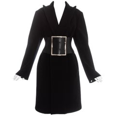 Margiela black wool oversized coat with leather Obi belt, fw 1996