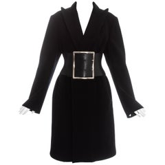 Vintage Margiela black wool oversized coat with leather Obi belt, fw 1996