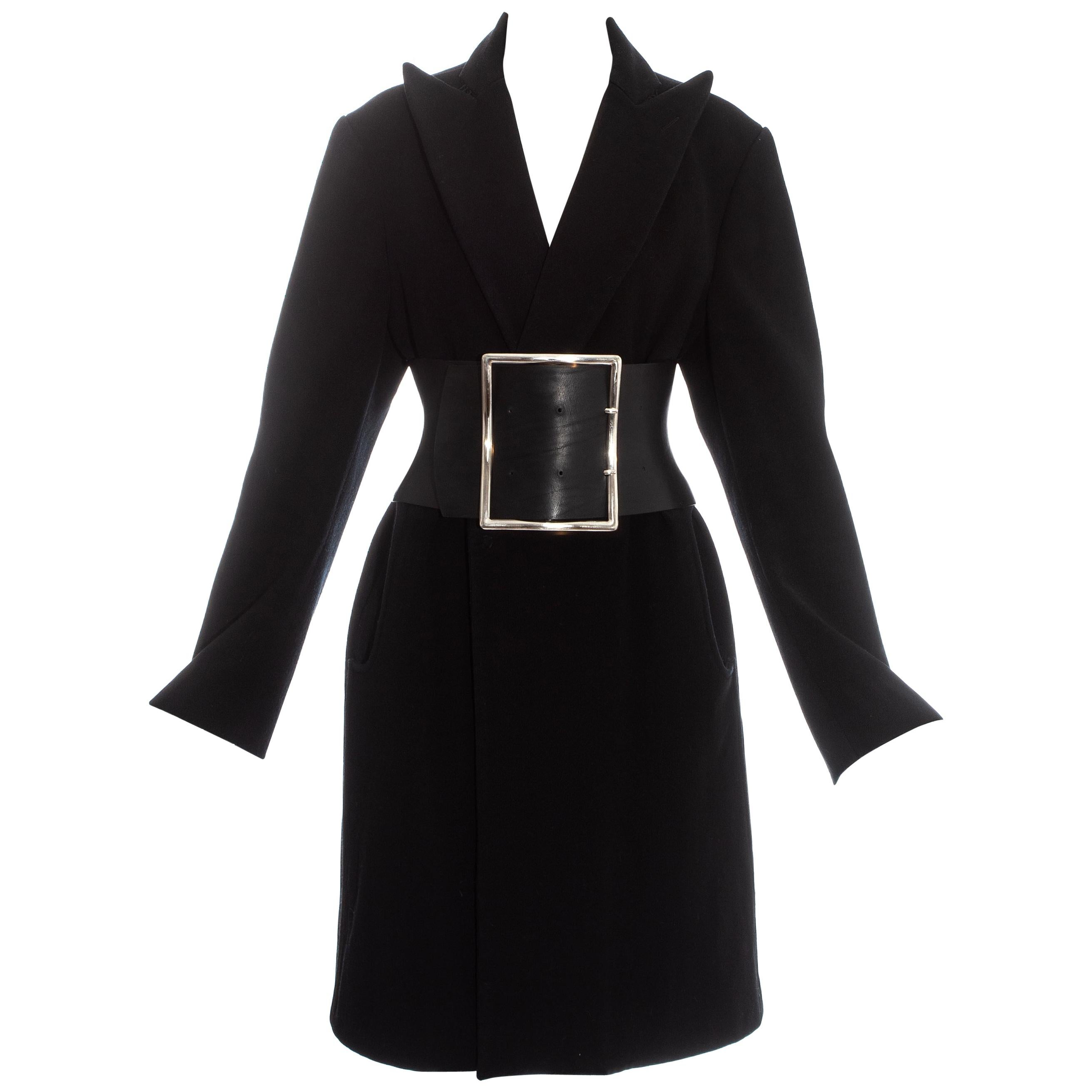 Margiela black wool oversized coat with leather Obi belt, fw 1996 For Sale