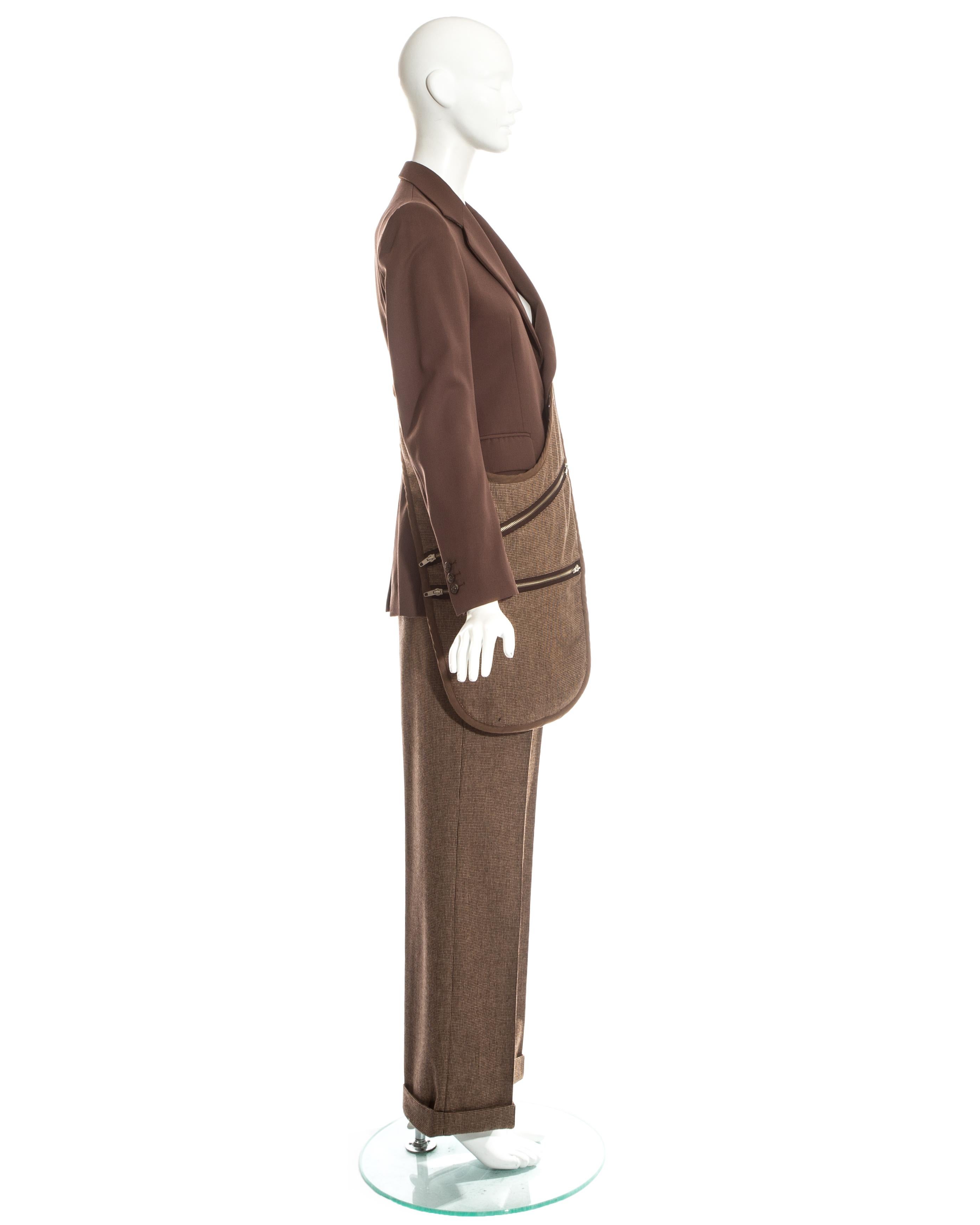Margiela brown tweed wool pant suit with matching saddle bag, fw 1998 In Excellent Condition For Sale In London, GB