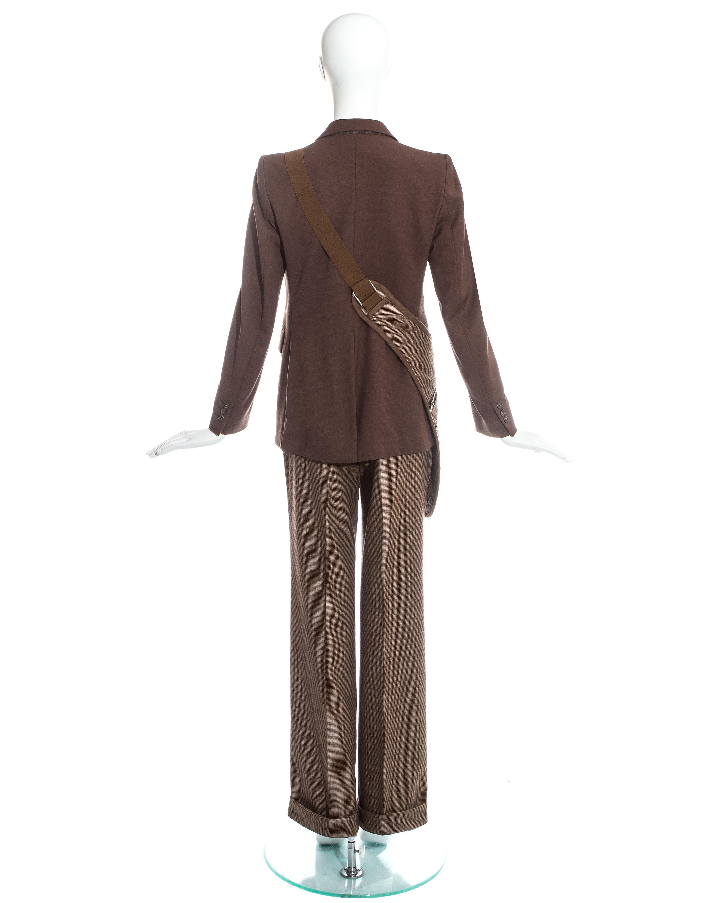 Women's Margiela brown tweed wool pant suit with matching saddle bag, fw 1998 For Sale
