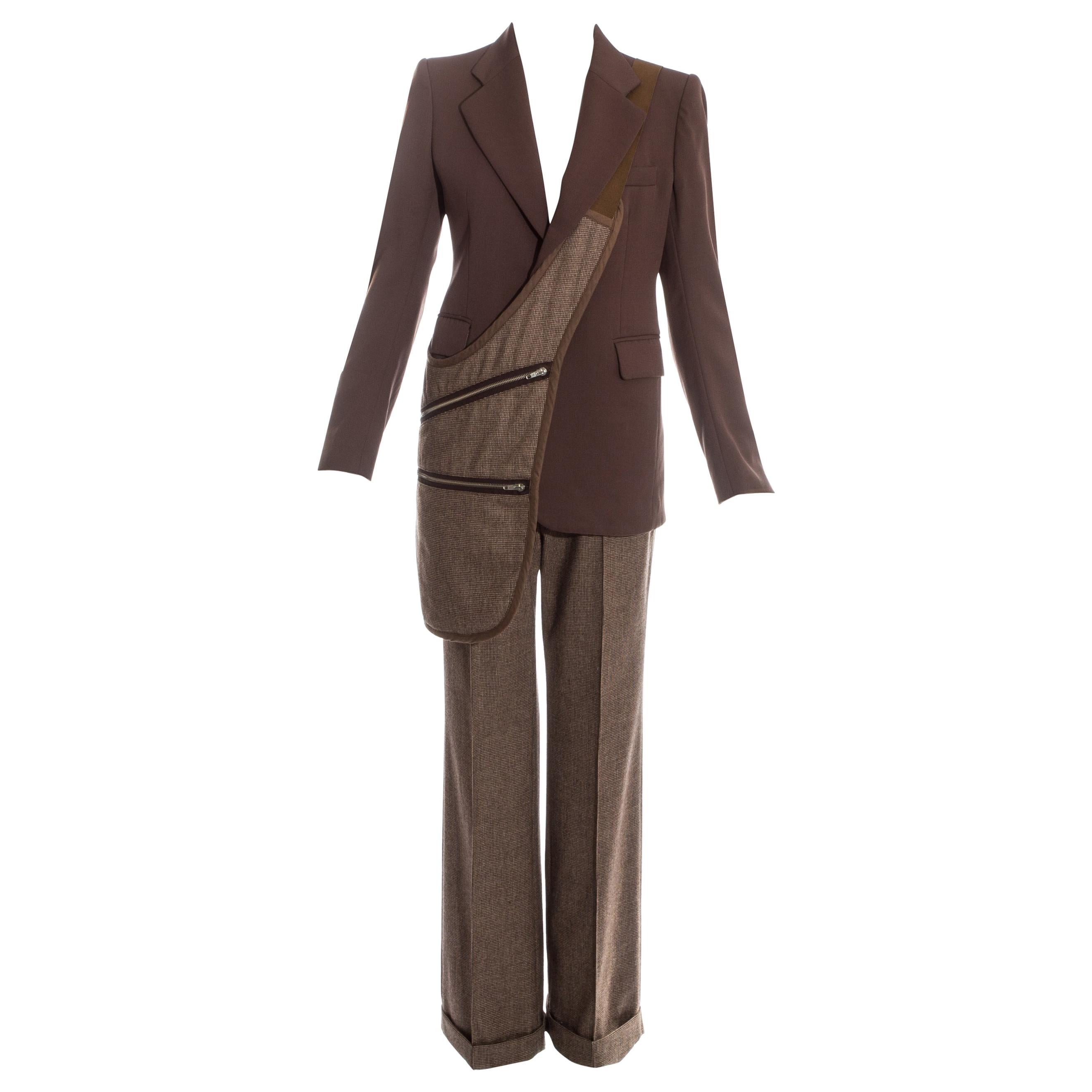 Margiela brown tweed wool pant suit with matching saddle bag, fw 1998