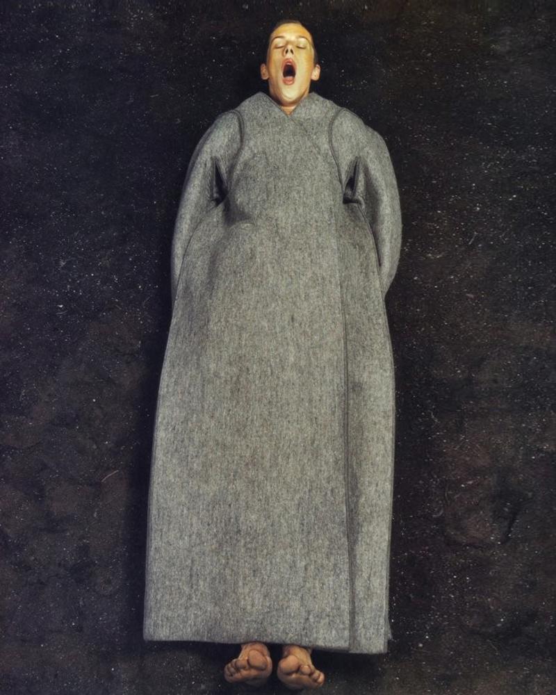 Noir Margiela Manteau long plat en laine gris anthracite, FW 1998 en vente