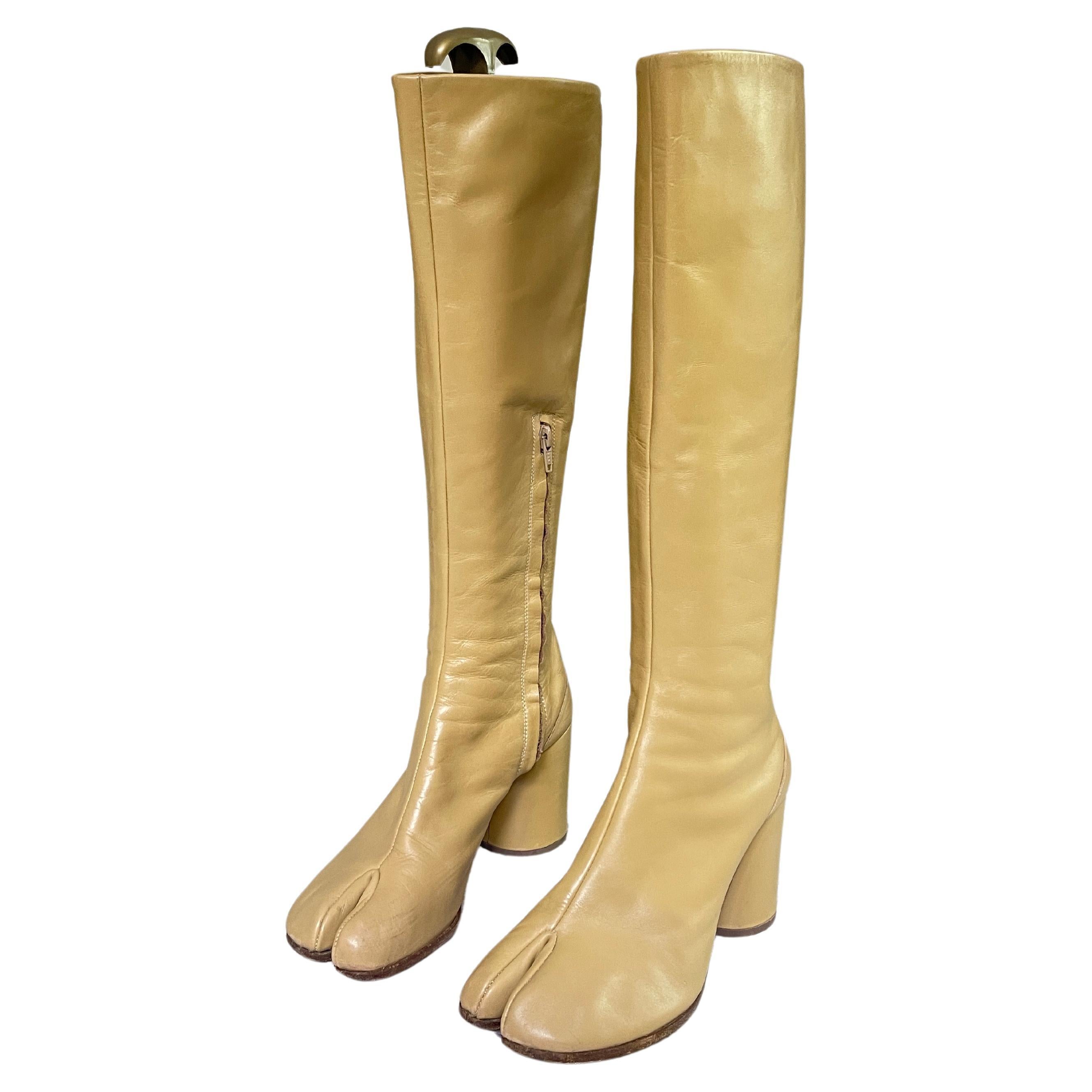 Margiela Tabi Knee High Boots 2004 look book collection  Beige  Leather  EU 38  For Sale