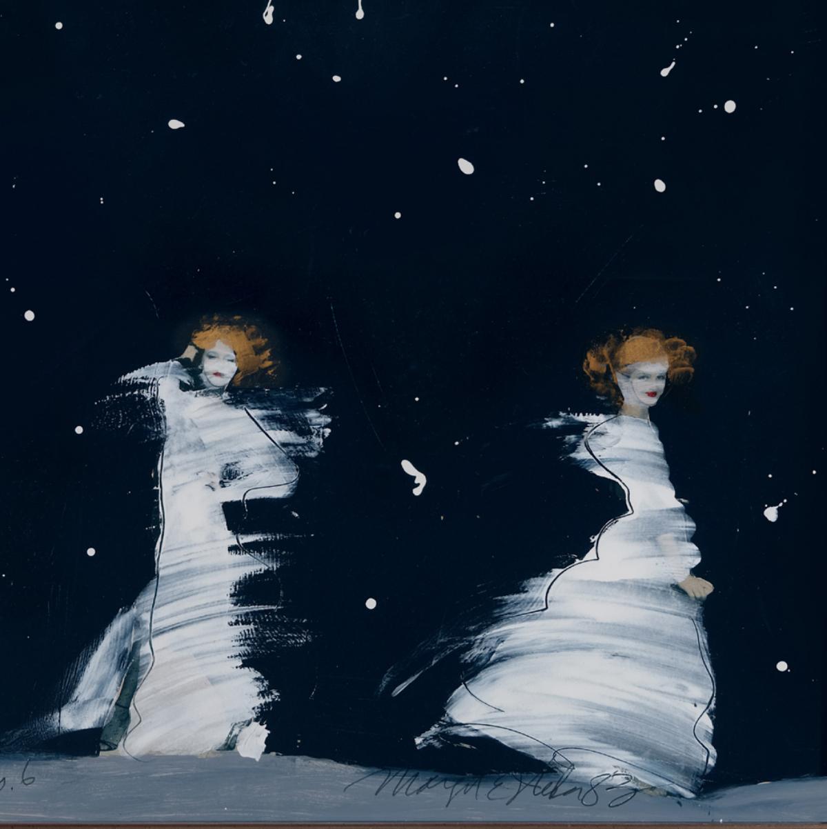 Brides at Night è un collage di Margit Ilika, un'artista americana. Ha una nuova cornice su misura e  vetro conservativo. Misura 29 x 35 con la cornice.  Concentrandosi sul movimento e sull'emozione, piuttosto che sui dettagli delle figure, si