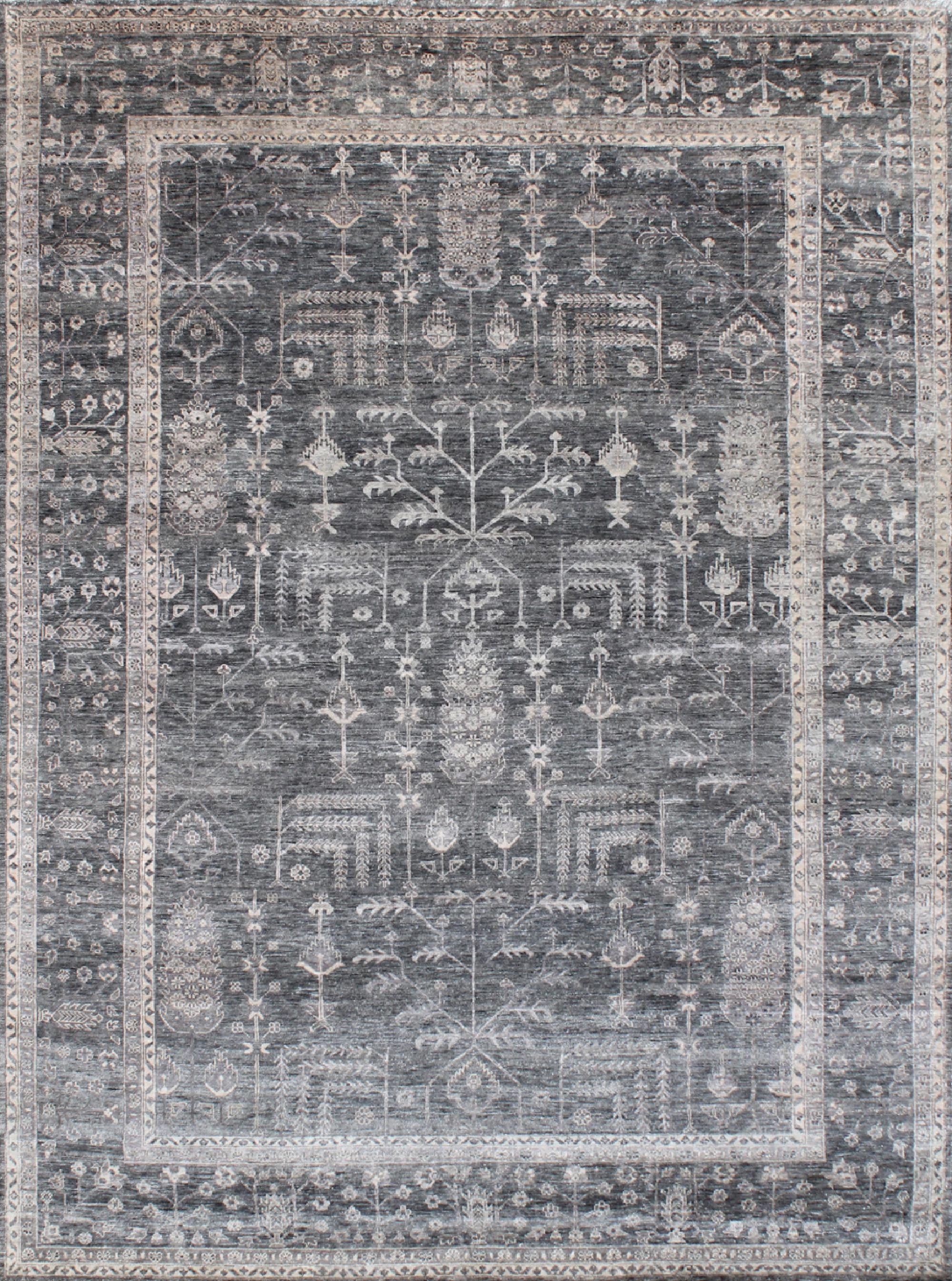 MARGITA Handgeknüpfter traditioneller Seidenteppich - Silber, Blau & Graufarben von Hand (Indisch) im Angebot