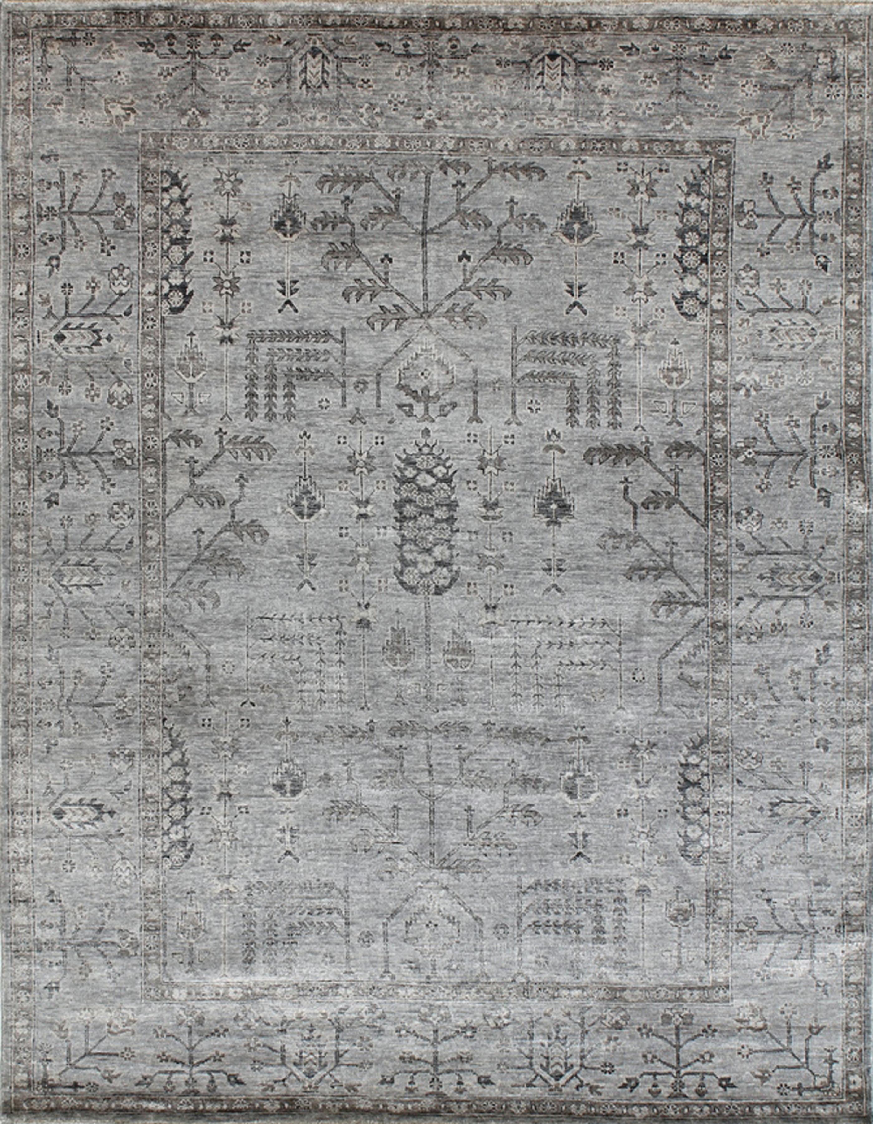 Hand-Knotted MARGITA Hand Knotted Traditional Silk Rug - Silver, Blue & Grey Colours by Hands For Sale