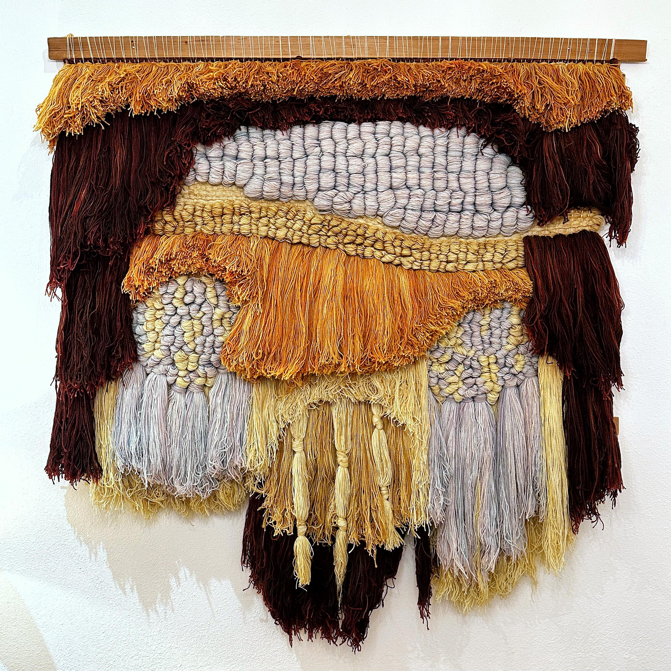 Fabulous Margo Farrin O’Connor for Ted Morris & Associates large fiber art wall hanging or tapestry, likely circa very late 1970s-1980s. This weaving features earthy tones of dark and medium brown, rust, orange, yellow, and light gray. These