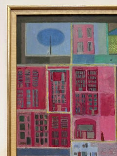 Pintura al óleo urbana abstracta moderna de mediados de siglo de Margo Hoff