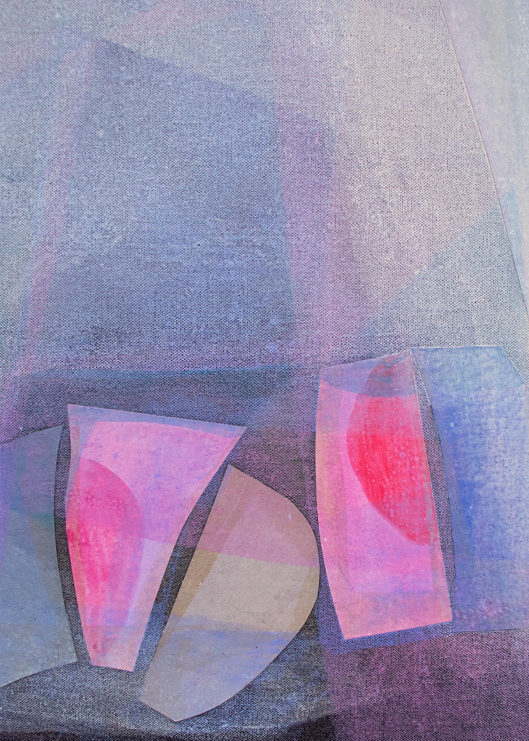Duet, Original Abstract Figures in Purple, Pink and Blue Acrylic and Crayon - Gray Abstract Painting by Margo Hoff