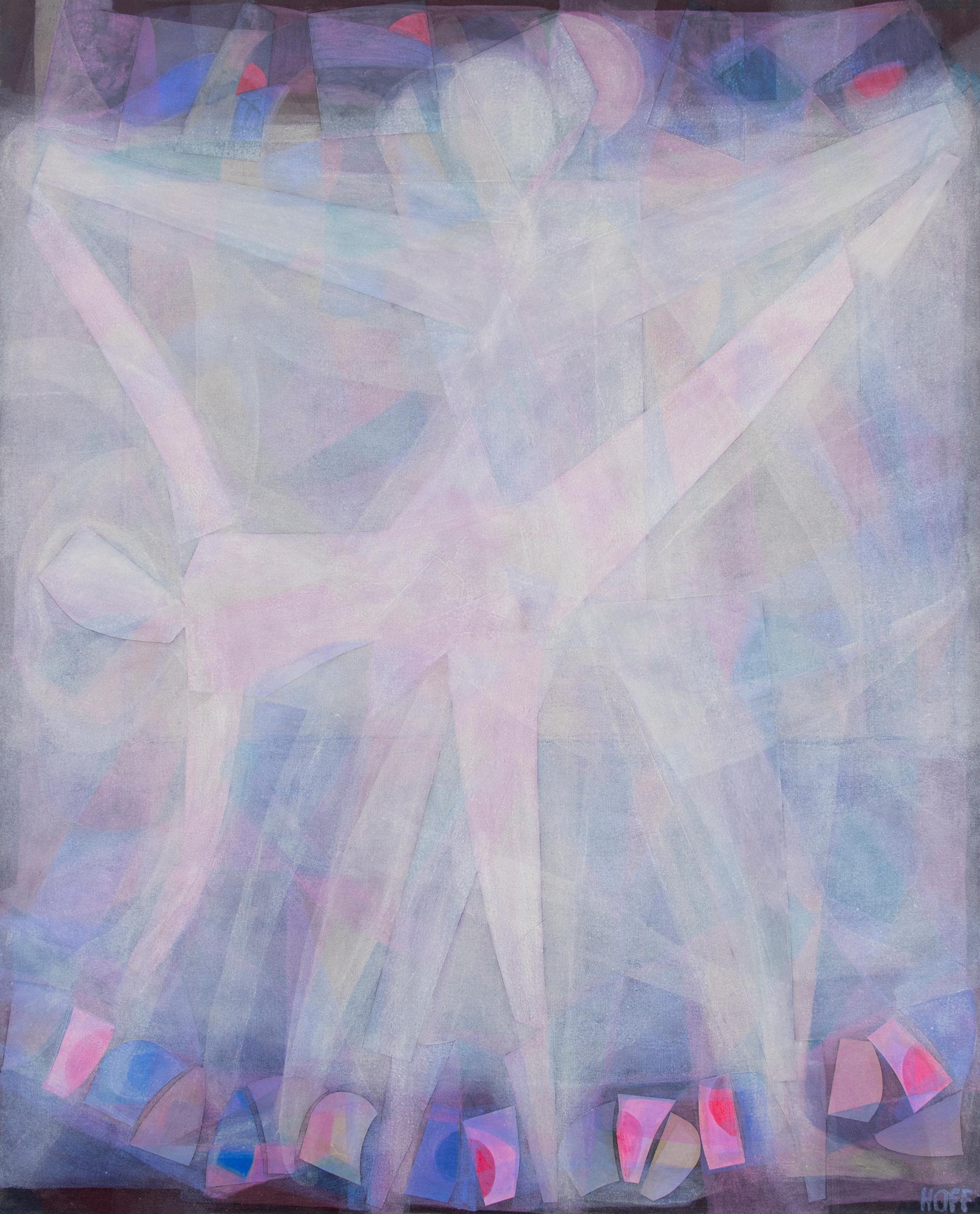 Margo Hoff Abstract Painting - Duet, Original Abstract Figures in Purple, Pink and Blue Acrylic and Crayon