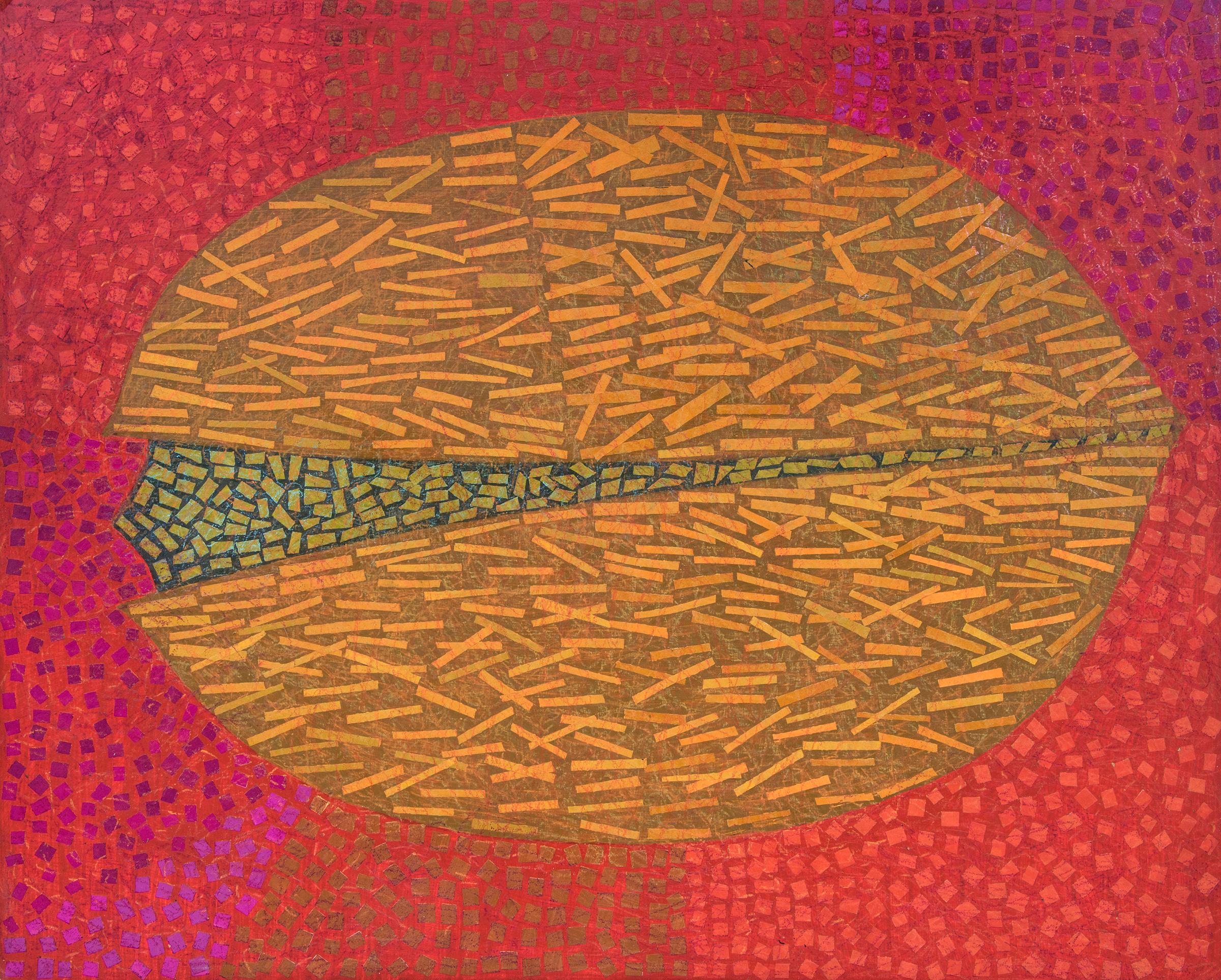 Pistachio Nut, 1970s Mixed Media Collage, Paper Collage on Board, Red Orange - Art by Margo Hoff