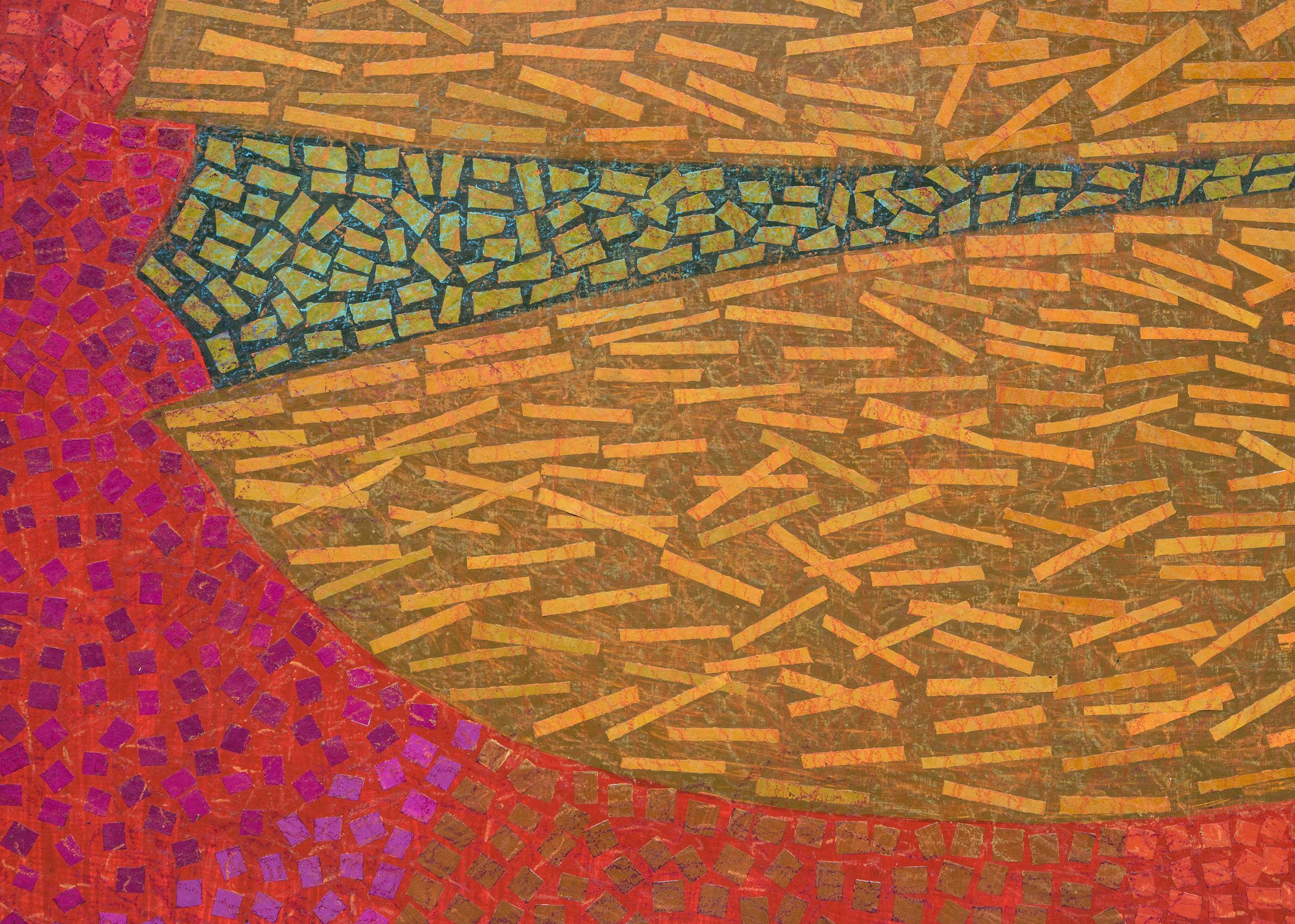 Nu de Pistachio, collage de techniques mixtes des années 1970, collage de papier sur panneau, orange rouge - Abstrait Art par Margo Hoff