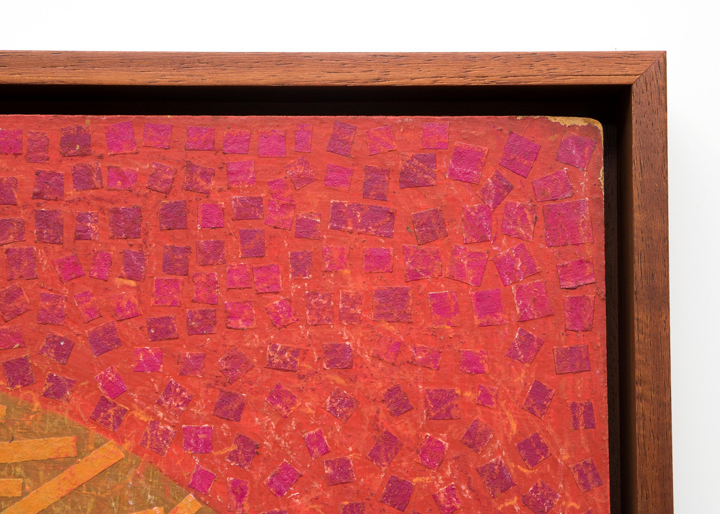 Nu de Pistachio, collage de techniques mixtes des années 1970, collage de papier sur panneau, orange rouge - Orange Figurative Art par Margo Hoff