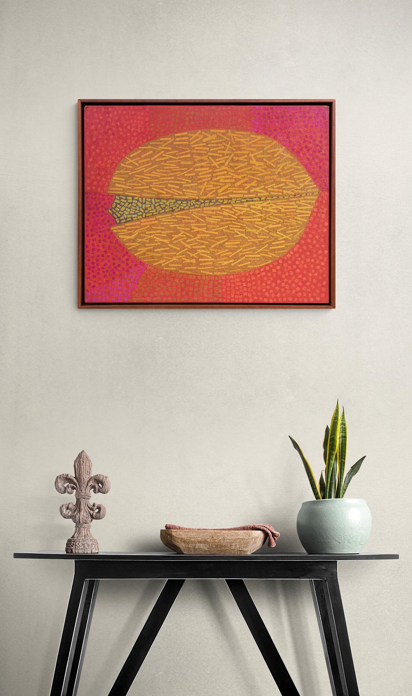 Crayon and paper collage on board depicting a pistachio nut by 20th century artist, Margo Hoff circa 1970.  Presented in a custom wood frame, outer dimensions measure 25 ¾ x 31 ½ x 2 inches.  Image size is 24 x 30 inches.

Piece is in very good
