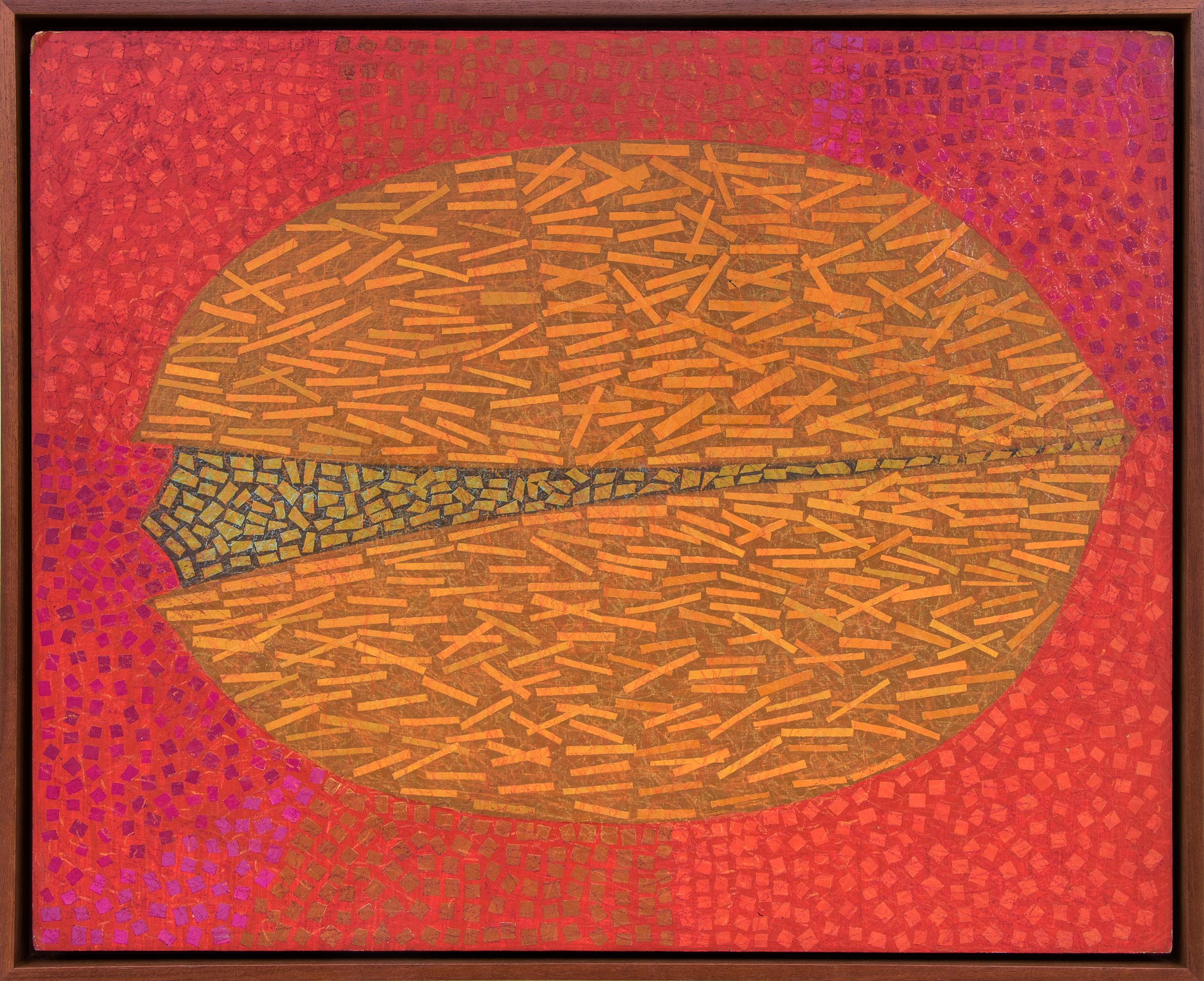 Pistachio Nut, 1970s Mixed Media Collage, Paper Collage on Board, Red Orange