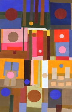 Suns and Moon, 1970s Bright Multi-Colored Abstract Geometric Shape Collage