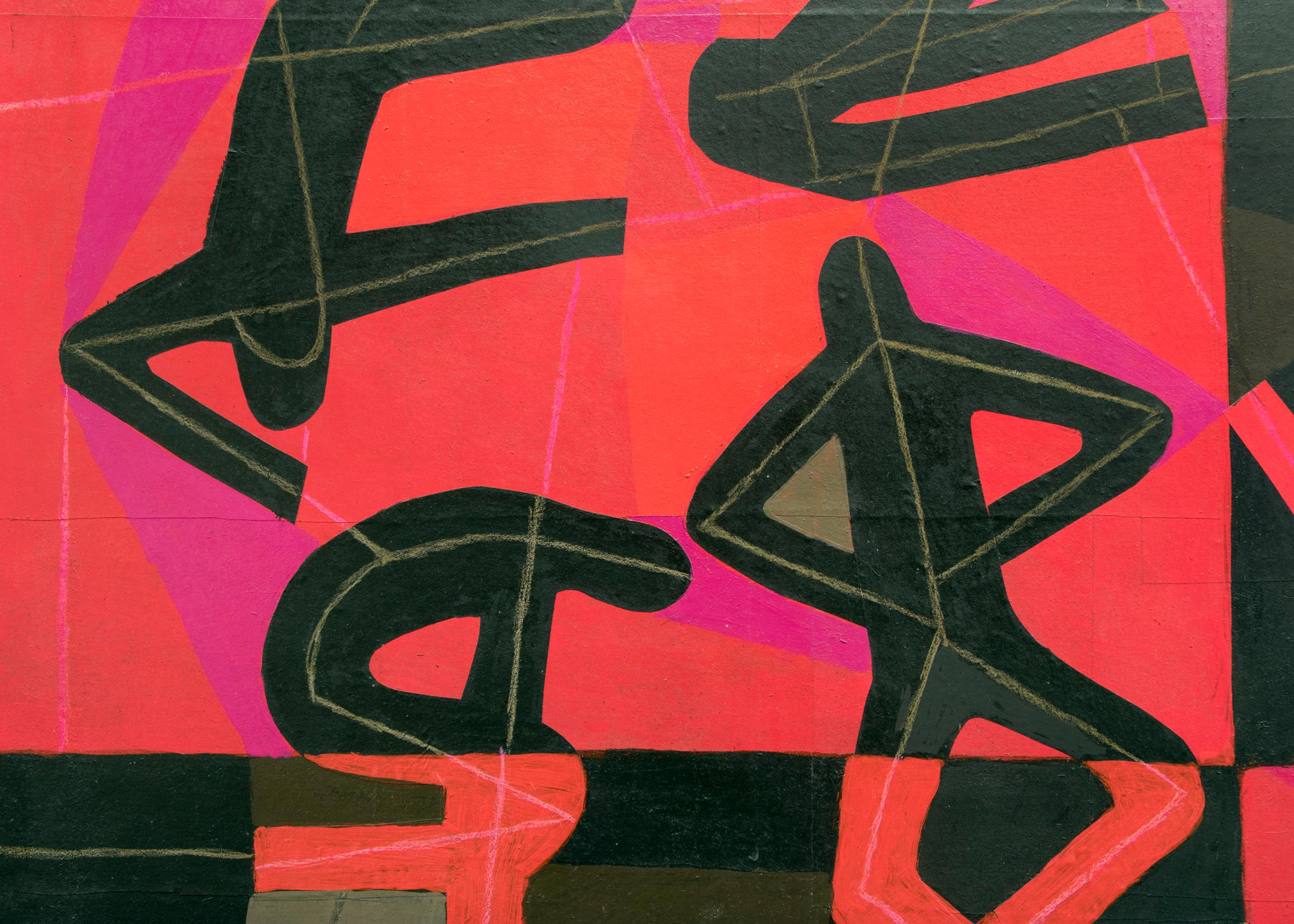 Break Dance, 1975, grande peinture figurative abstraite à collage, noir, rose et violet - Painting de Margo Hoff