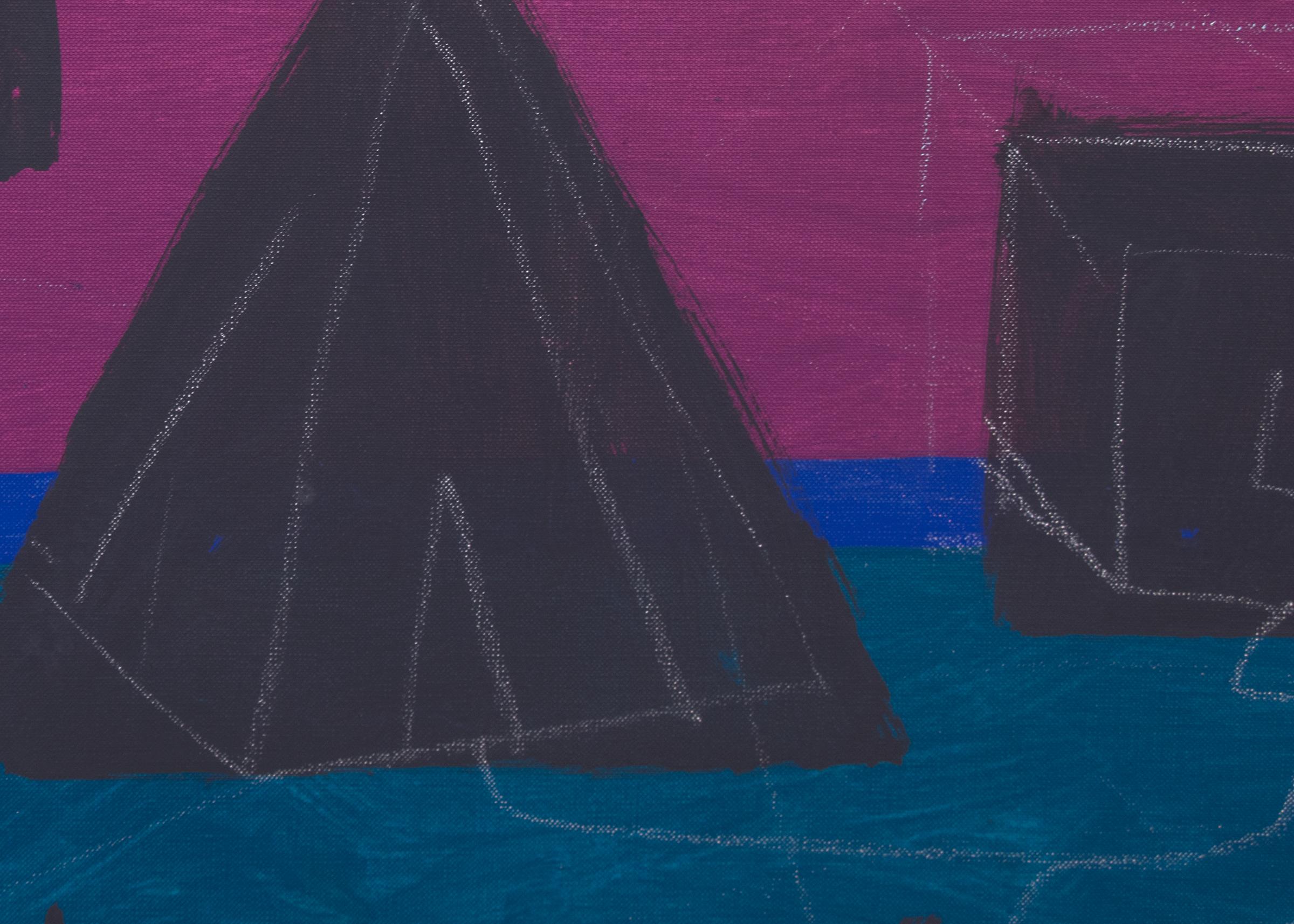 Breakwater II - Peinture acrylique abstraite américaine moderne au crayon, rouge, rose et bleu - Painting de Margo Hoff