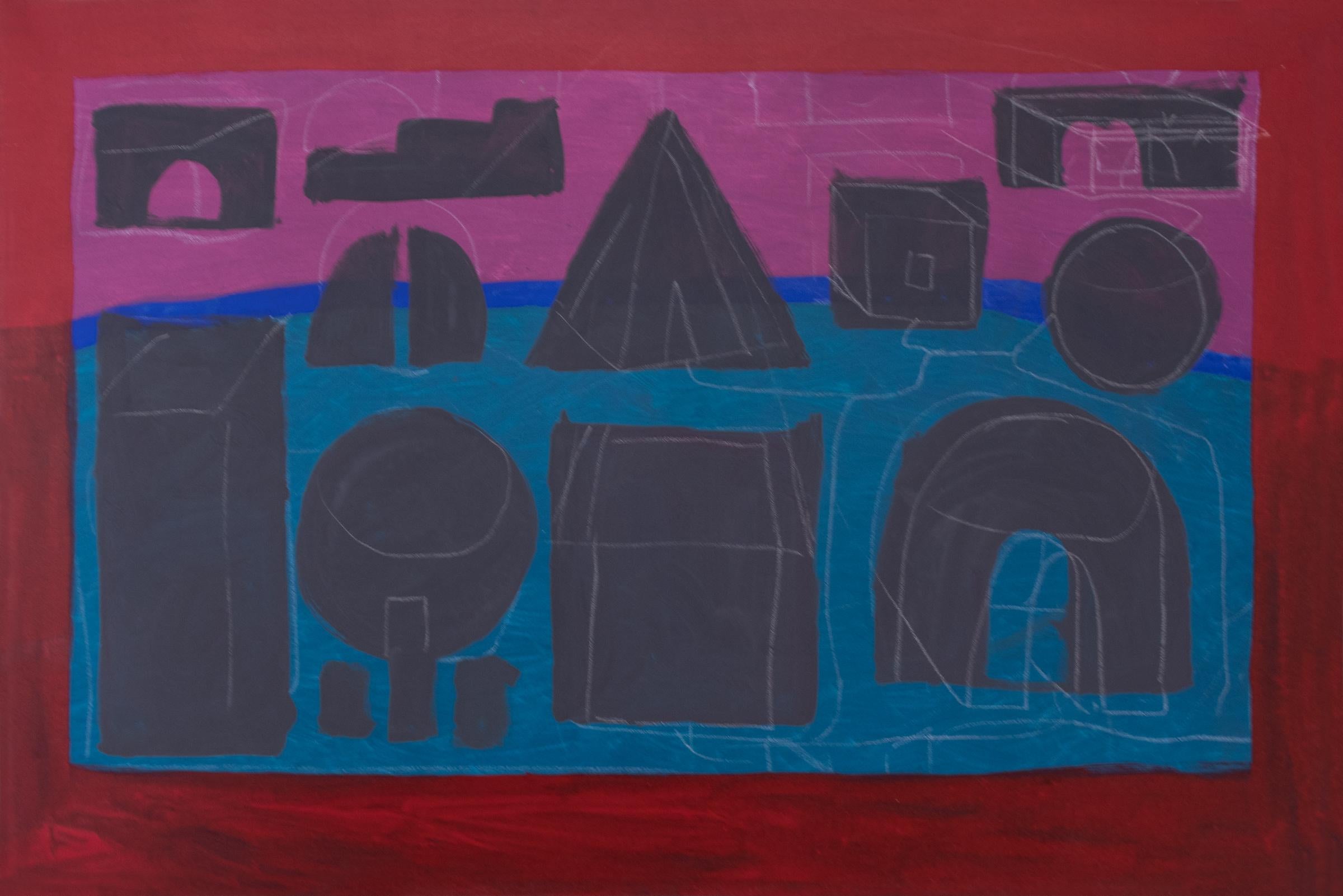Breakwater II - Peinture acrylique abstraite américaine moderne au crayon, rouge, rose et bleu