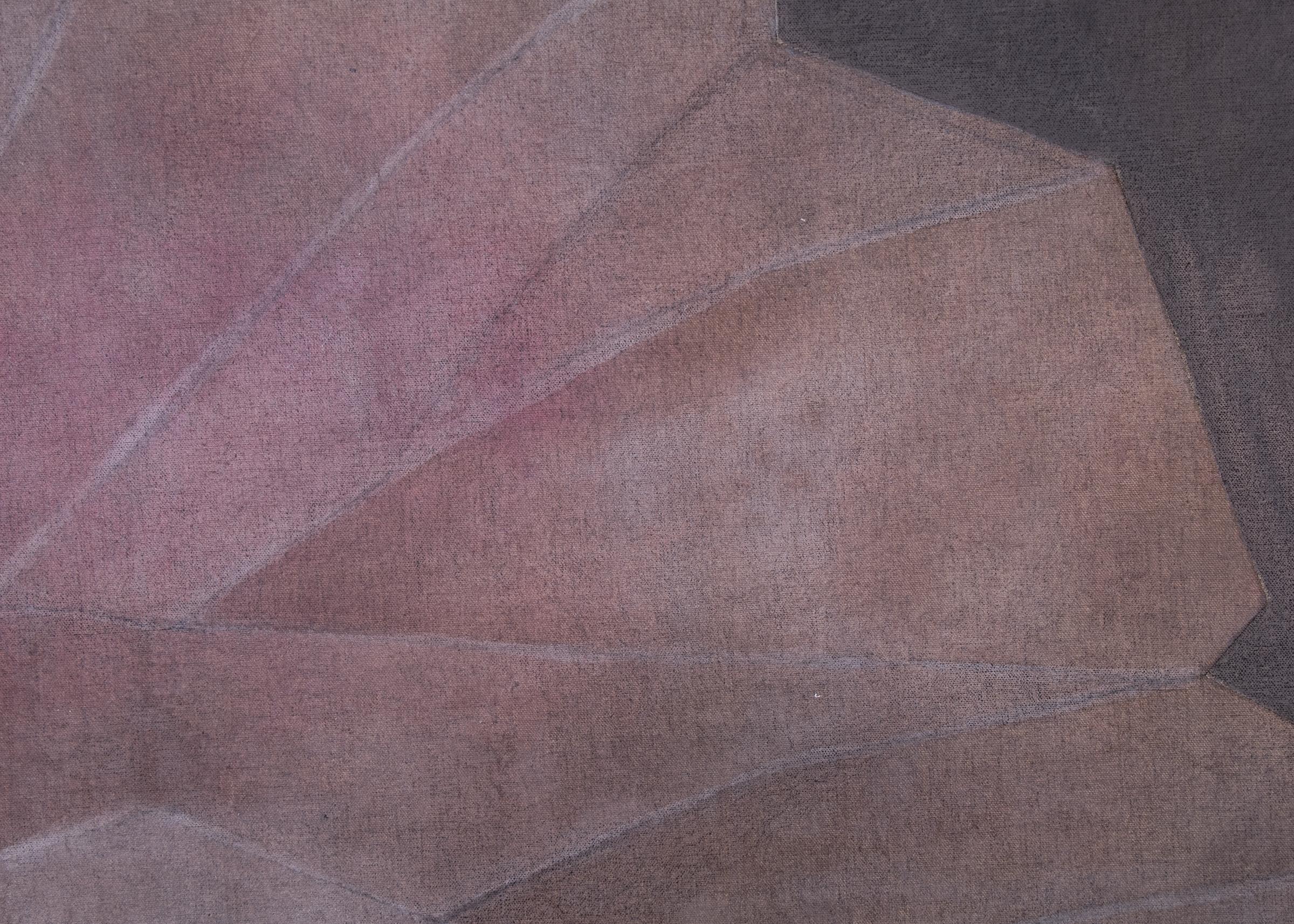 Abstraktes Gemälde der Jahrhundertmitte mit Kristallformationen von Margo Hoff (1910-2008), gemalt mit Acryl und Leinwandcollage in lila und rosa Farben. Die Leinwand ist hängefertig, die Außenmaße betragen 49 x 49 x 1 ¼ Zoll. 

Provenienz: Nachlass